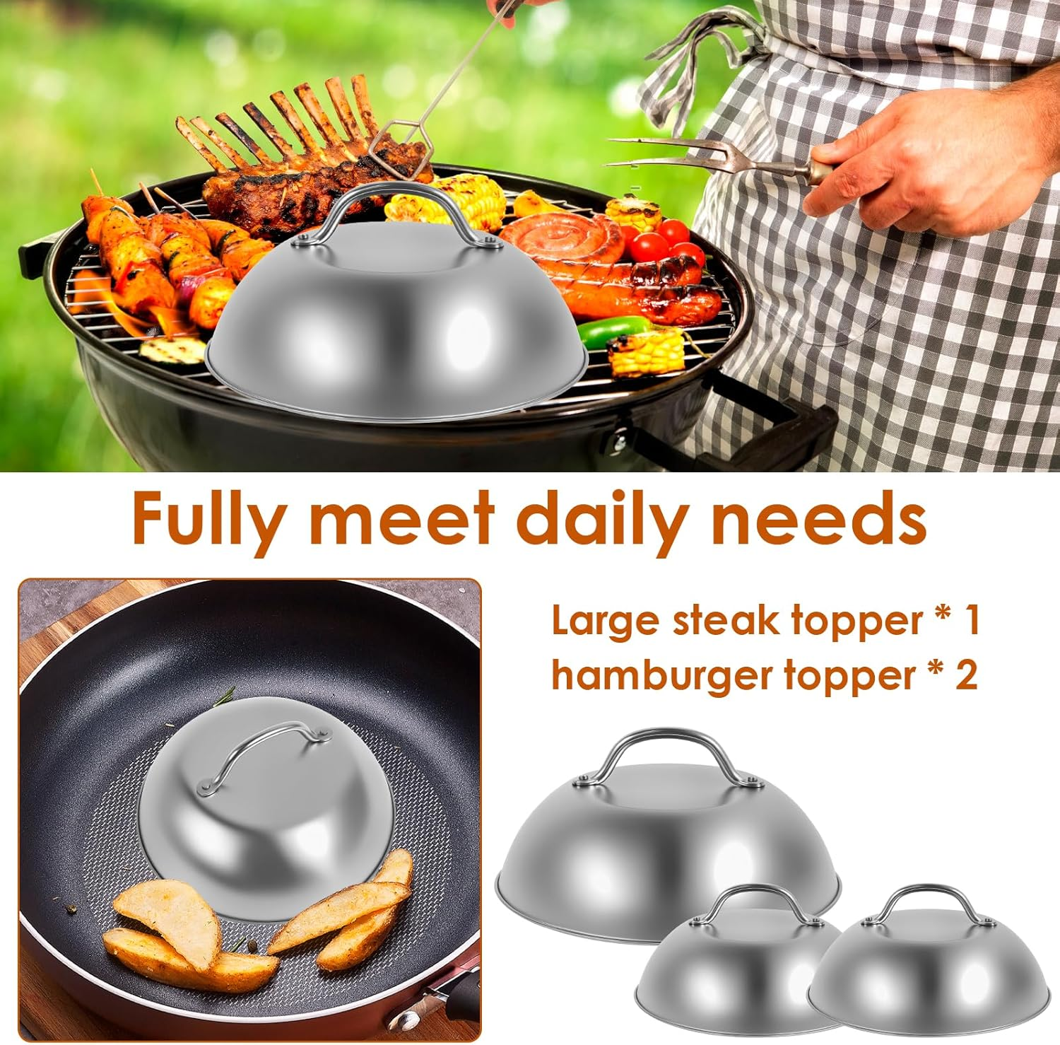 Burger Cloche Covers Kit to Melt Cheese Easy to Clean Solid Stainless Steel Steaming Domes Set Non Slip round Basting Cover Grilling Melting Domes Set for Party Use image number 4