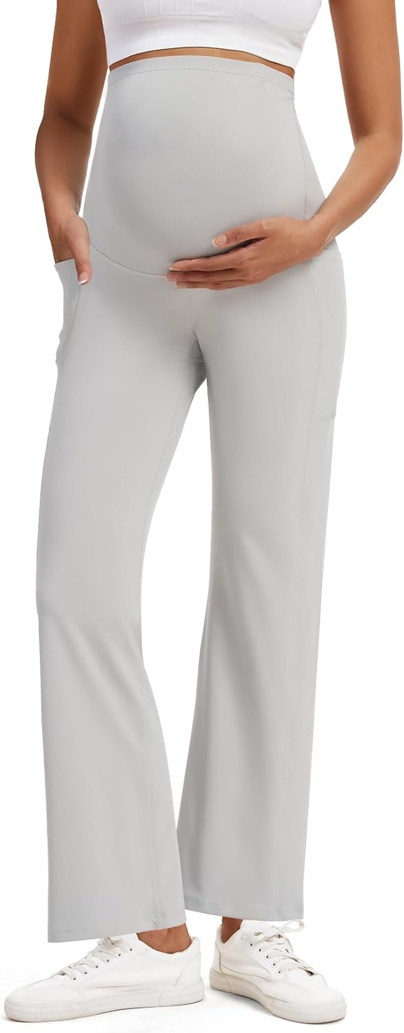 M MOTEEPI Maternity Yoga Pants over the Belly with Pockets - Stretchy Pregnancy Wide Leg Dress Trousers for Work Lounge image number 4