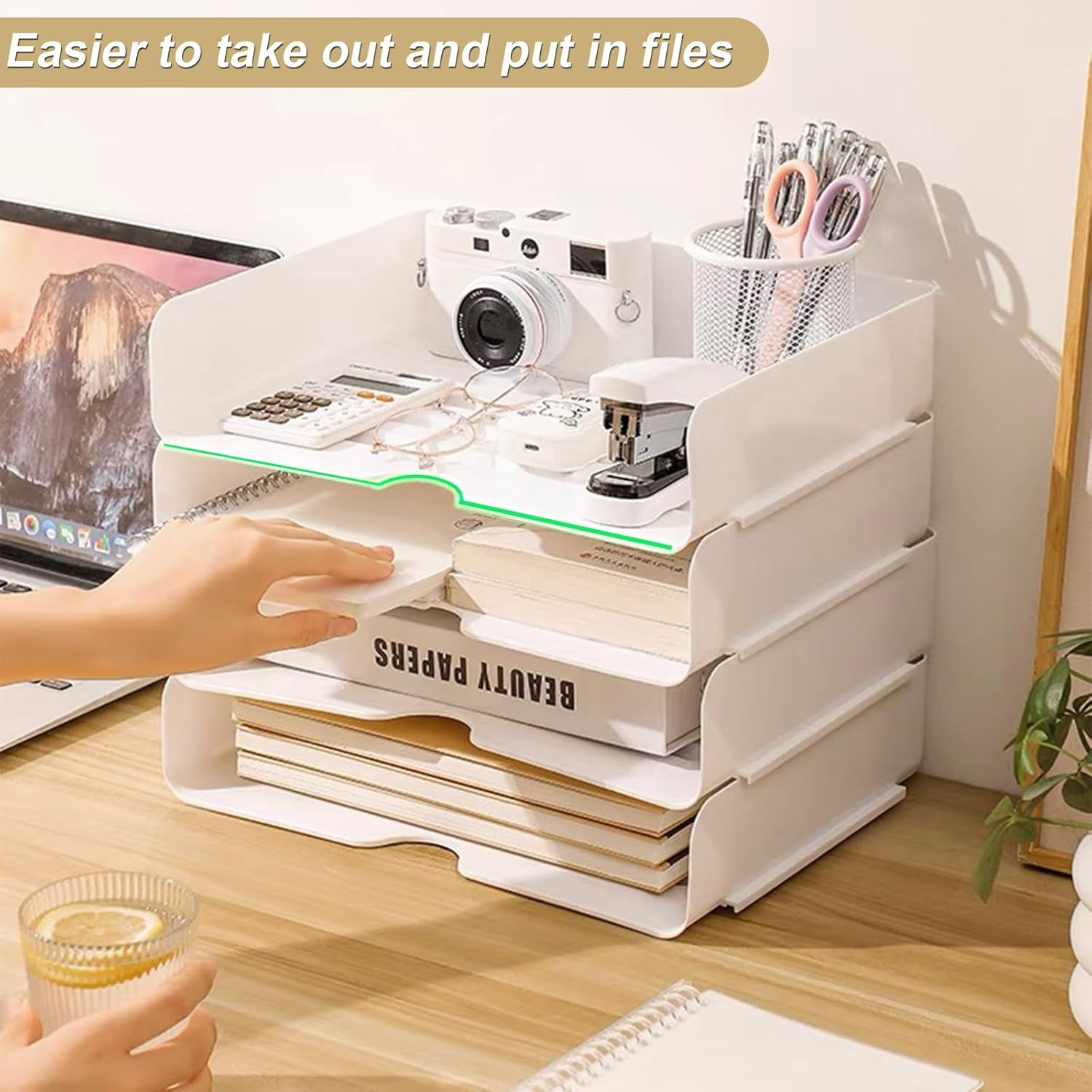 Desk Organiser and Storage, 4-Tier Paper Letter Tray Organiser, Stackable White Desktop Organiser, Storage Compartments, Stackable Order for Documents, Paper, Book Magazine, Office Supplies （4 Pack） image number 5
