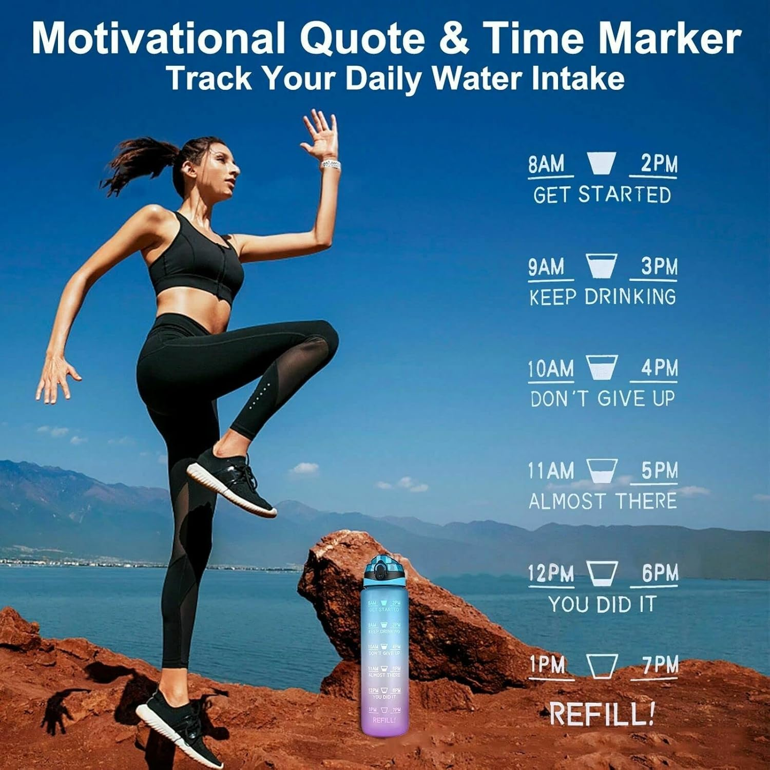 Water Bottle 1L Motivational Drink Flask with Time Markings BPA Free Sport Gym (Grey) image number 6