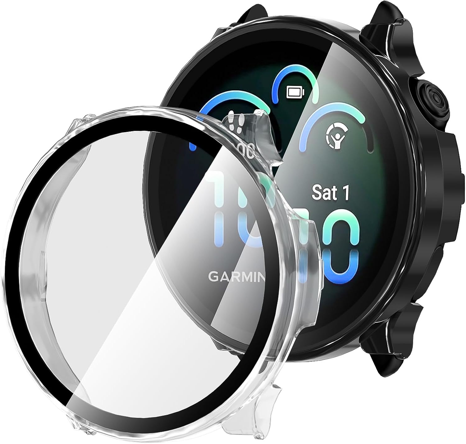 Suoman 2 Pack Case for Garmin Vivoactive 6 Screen Protector, All-Around Protective PC Cover Tempered Glass Screen Protector Case for Garmin Vivoactive 6-Black+Black