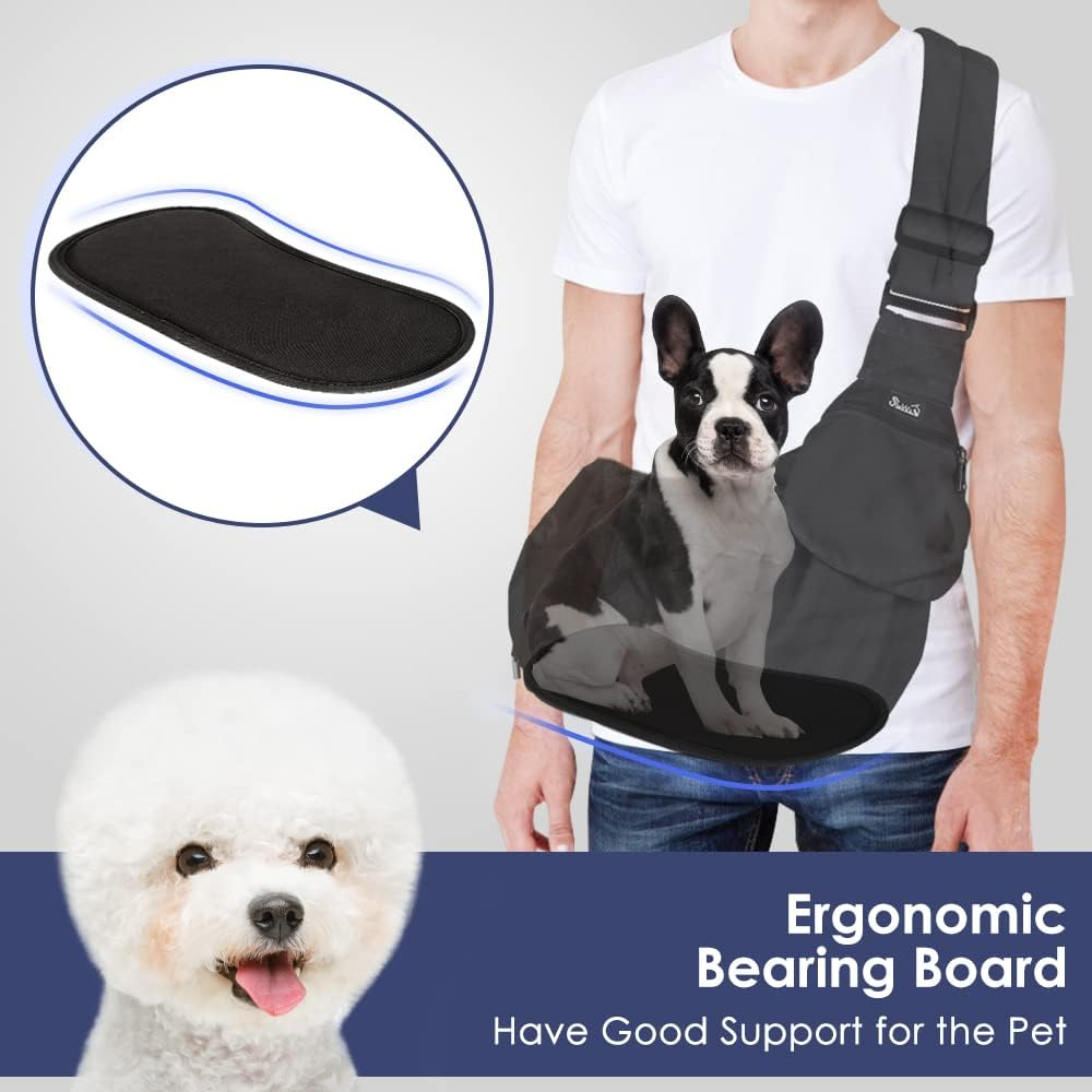 Slowton Pet Sling Carrier, Comfortable Hard Bottom Support Small Dog Papoose Sling Adjustable Padded Shoulder Strap Hand Free Puppy Cat Carry Bag with Drawstring Opening Zipper Pocket Safety Belt - Black Waterproof image number 3