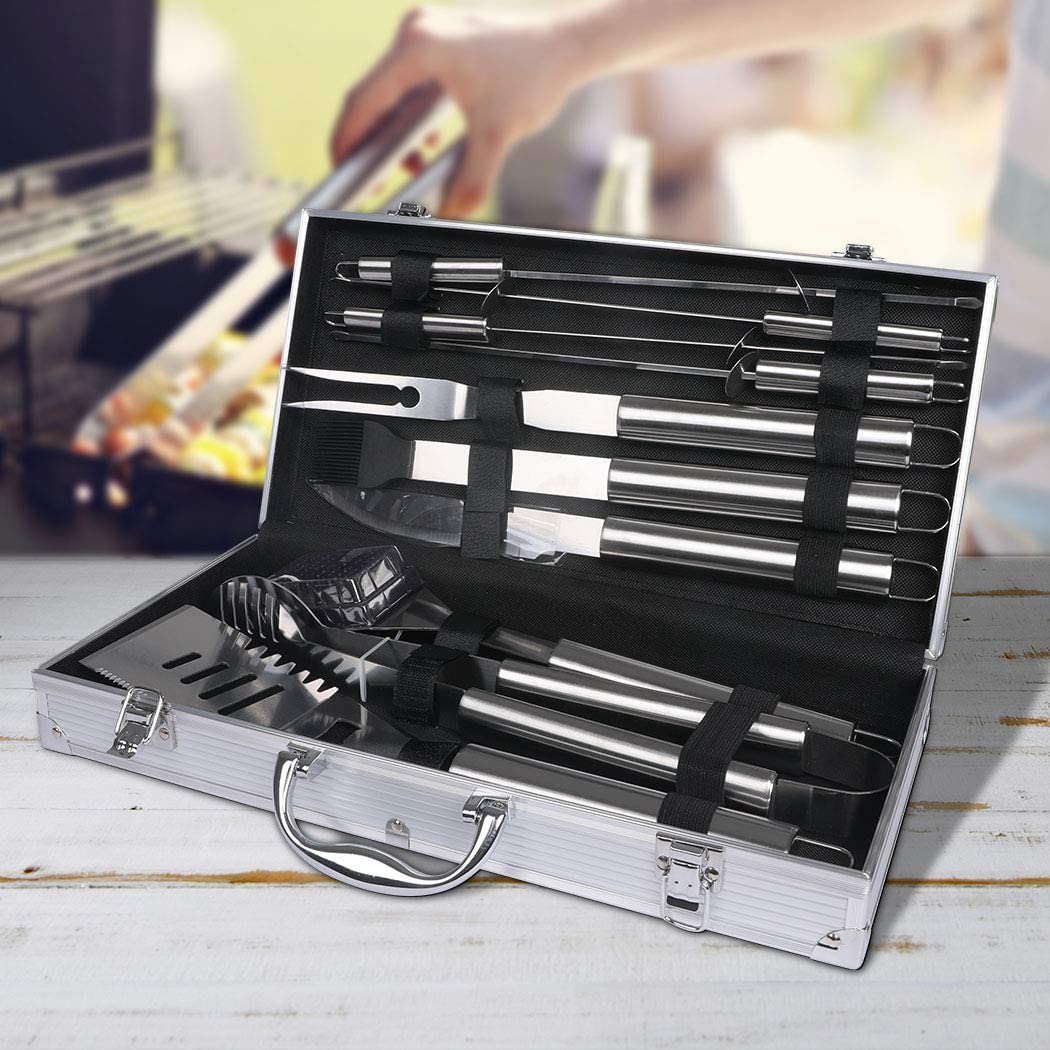 10PCS BBQ Tool Set Grill Kit Accessories Stainless Steel Camping Charcoal Barbecue Tools Brush Aluminium Carry Case Outdoor Barbeque Utensils image number 6