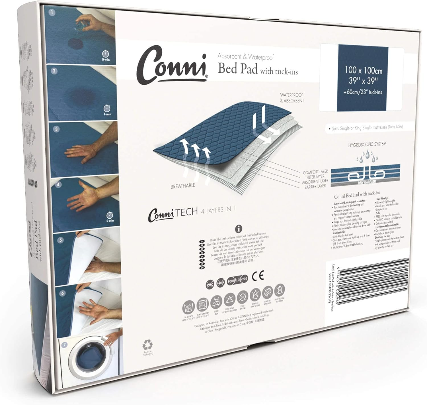 Conni Reusable Bed Pad with Tuck-Ins, Absorbent, Waterproof and Washable Protector Pad for Incontinence, Bed Wetting and Perspiration, Teal Blue, 100 X 100 Cm - Mauve image number 4