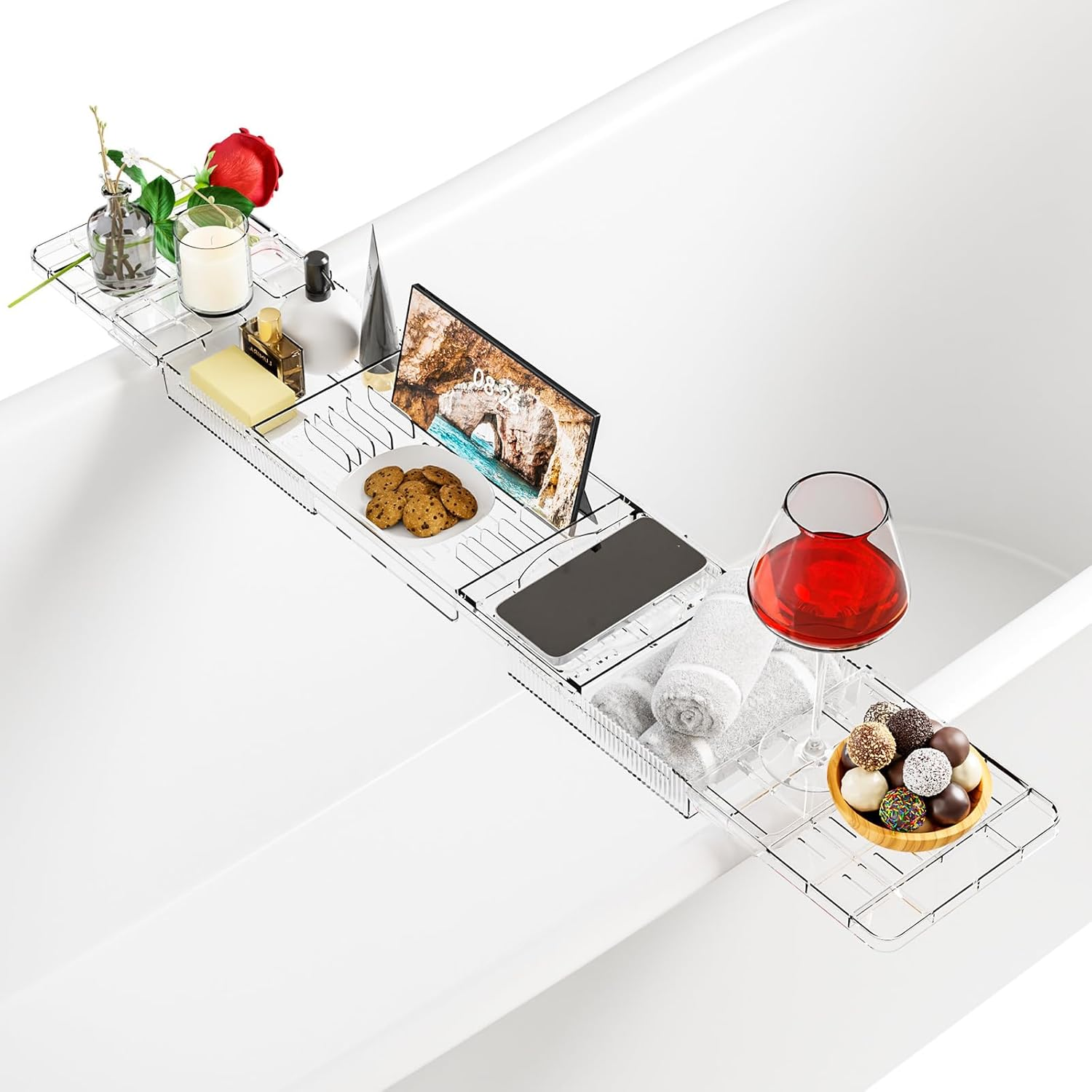 Bathtub Trays for Tub, Expandable Clear Bath Tray, Unique House Warming Gifts, New Home, Anniversary and Wedding Gifts, with Bath Reading Book and Ipad Holder (Clear) image number 1