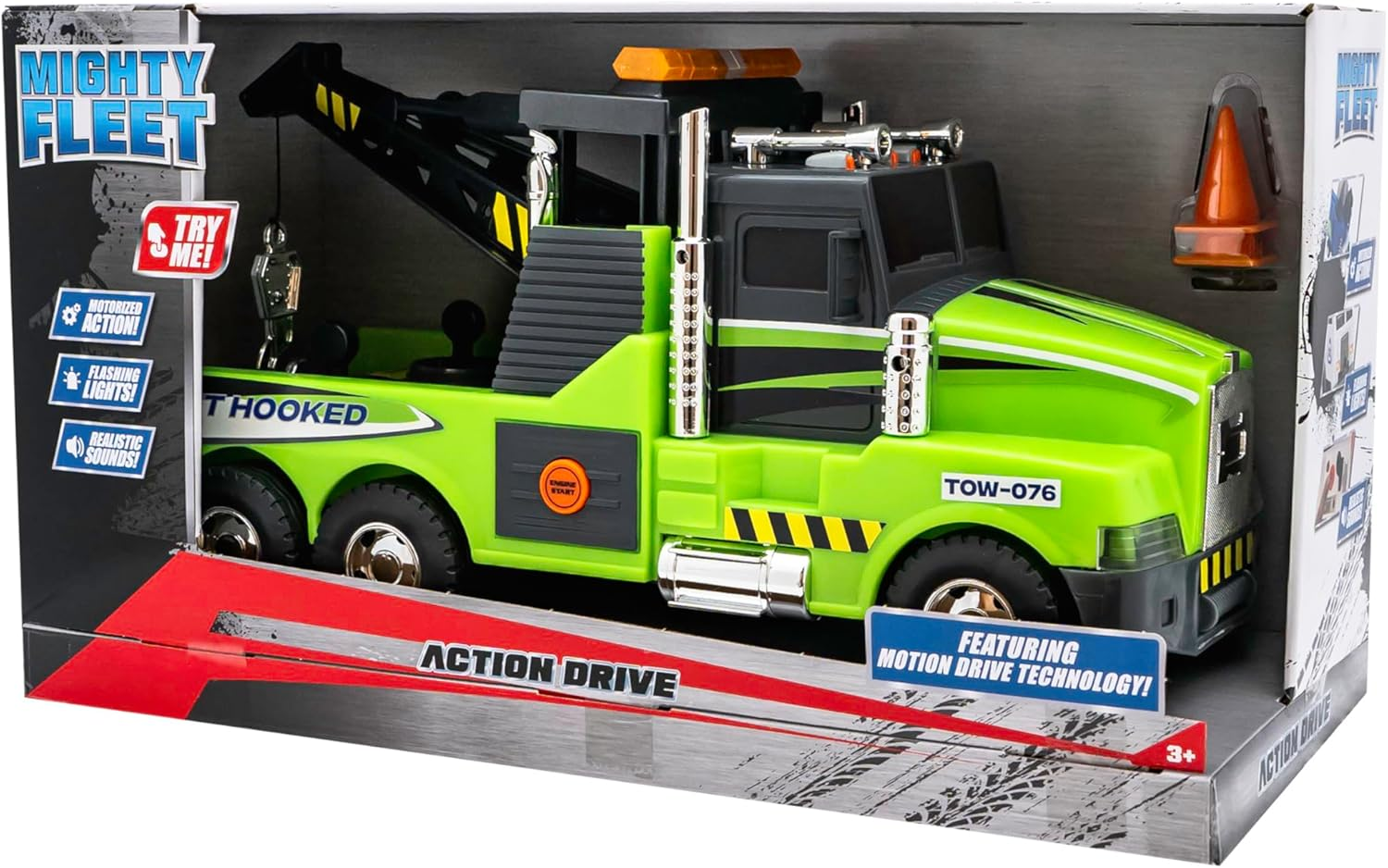 Mighty Fleet Action Drive 16" Interactive Tow Truck Toy W/Lights & Sounds, Motorized Winch, Motion Drive Action, Realistic Design & Batteries Included - Age 3+ image number 1