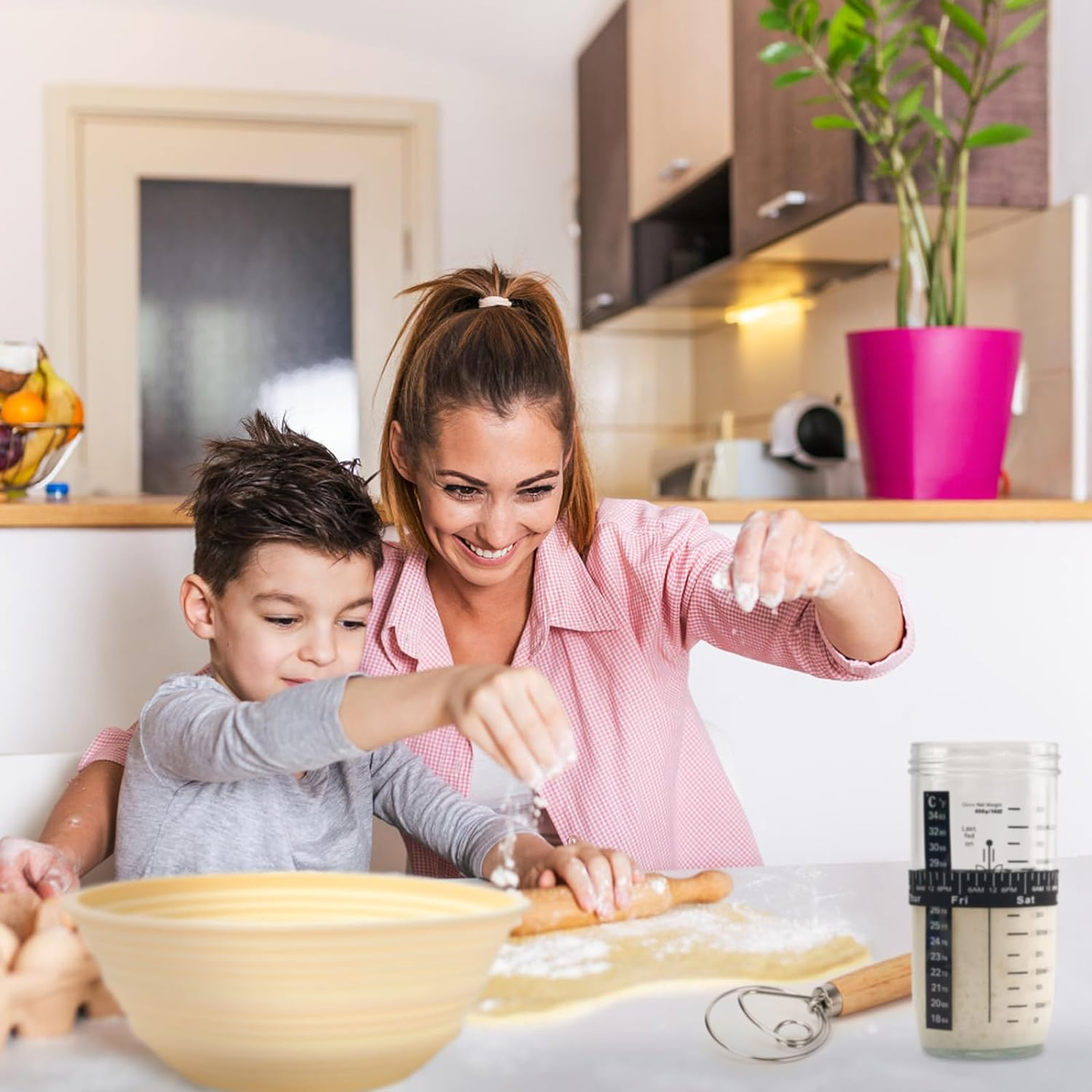 Sourdough Starter Kit Bread Baking Supplies Bread Proofing Basket 9 Inch round & 10 Inch Oval Bread Proofing Basket, 24Oz Jar (700Ml Glass, round and Oval Basket) - 1000Ml Glass And Two Round Basket image number 6