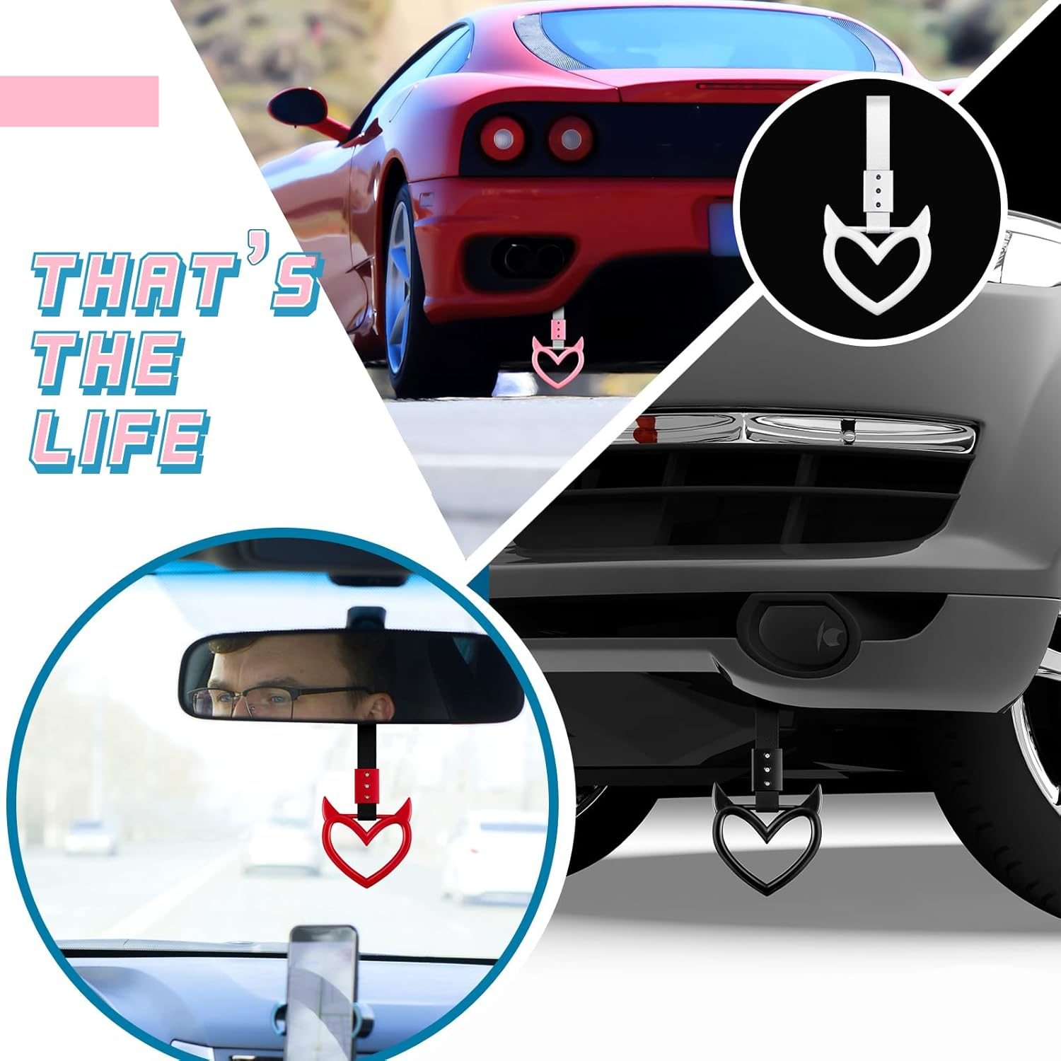 Fabbay 4 Pieces Heart Shaped Car Handle Straps Hang Ring Rear Bumper Warning Ring Decorative Subway Train Bus Handle Hand Strap Drift for Car Interior(Black, White, Red, Pink, Devil) image number 1