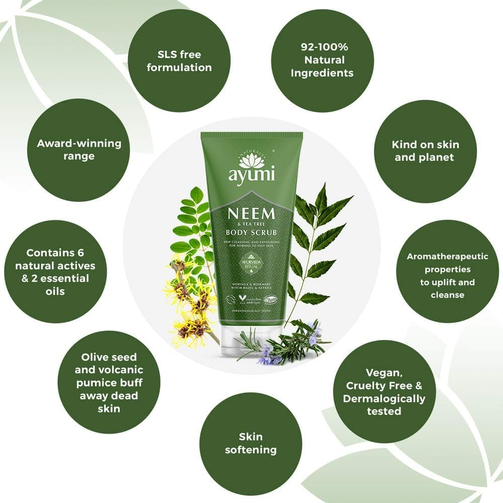 Ayumi Neem & Tea Tree Body Scrub. Vegan, Cruelty-Free, Dermatologically-Tested, 2 X 200Ml