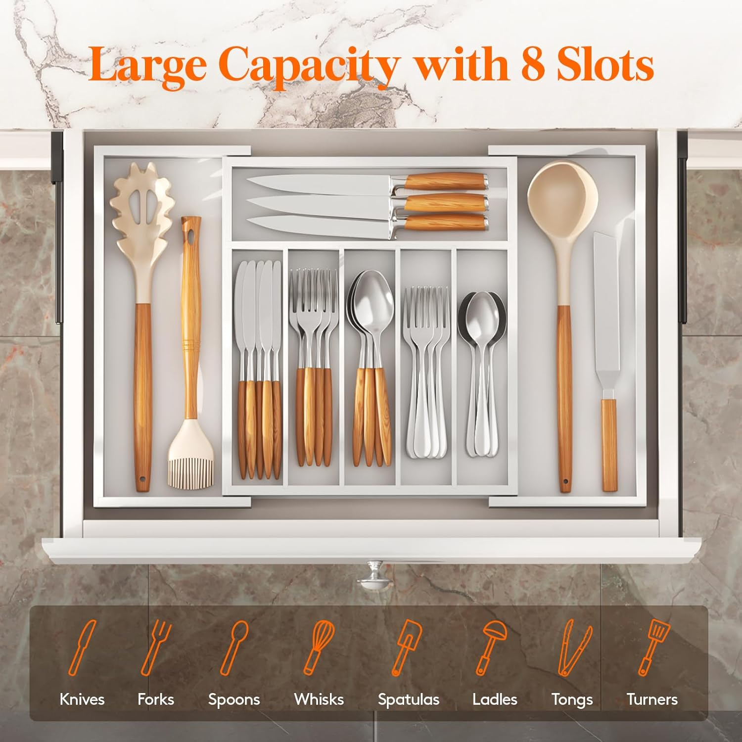 Lifewit Silverware Drawer Organizer, Expandable Utensil Tray for Kitchen, Bamboo Flatware and Cutlery Holder, Wood Adjustable Storage for Spoons Forks Knives, Large, White image number 5