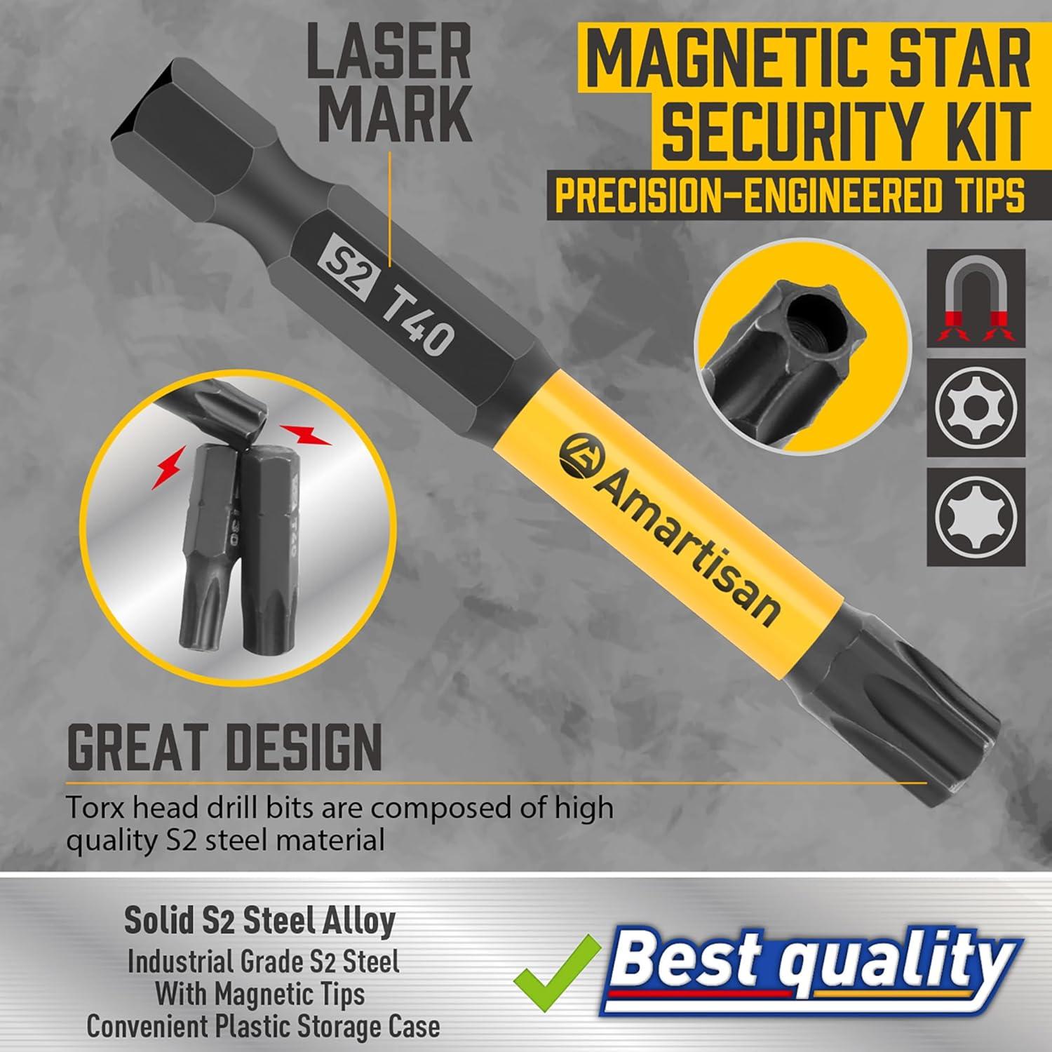 Amartisan Torx Bit Set, 24-Piece Security Torx Bit Set, Tamper Resistant Star Bits Set S2 Steel, 1" and 2.3" Long T5 - T40 image number 3