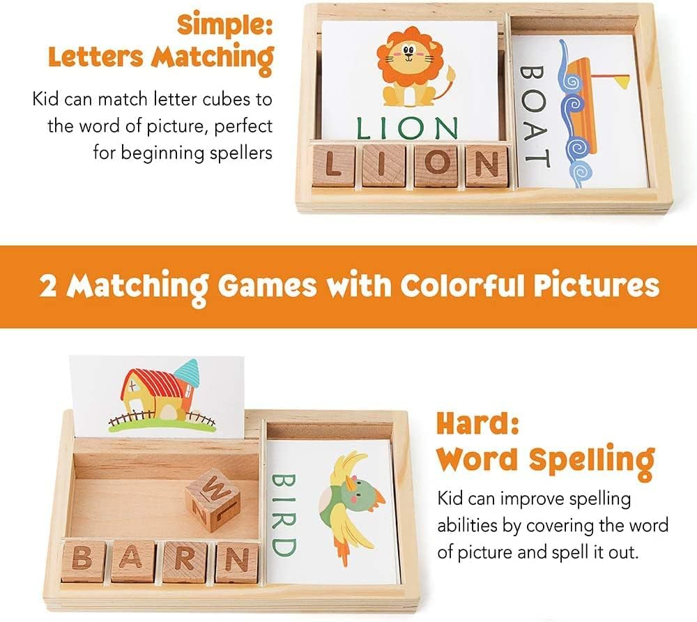 Spelling Games, Wooden Matching Letters Toy with Flash Cards Words, Montessori ABC Alphabet Learning Educational Puzzle Preschool Boys Girls Kids Age 3 4 5 Years Old image number 4