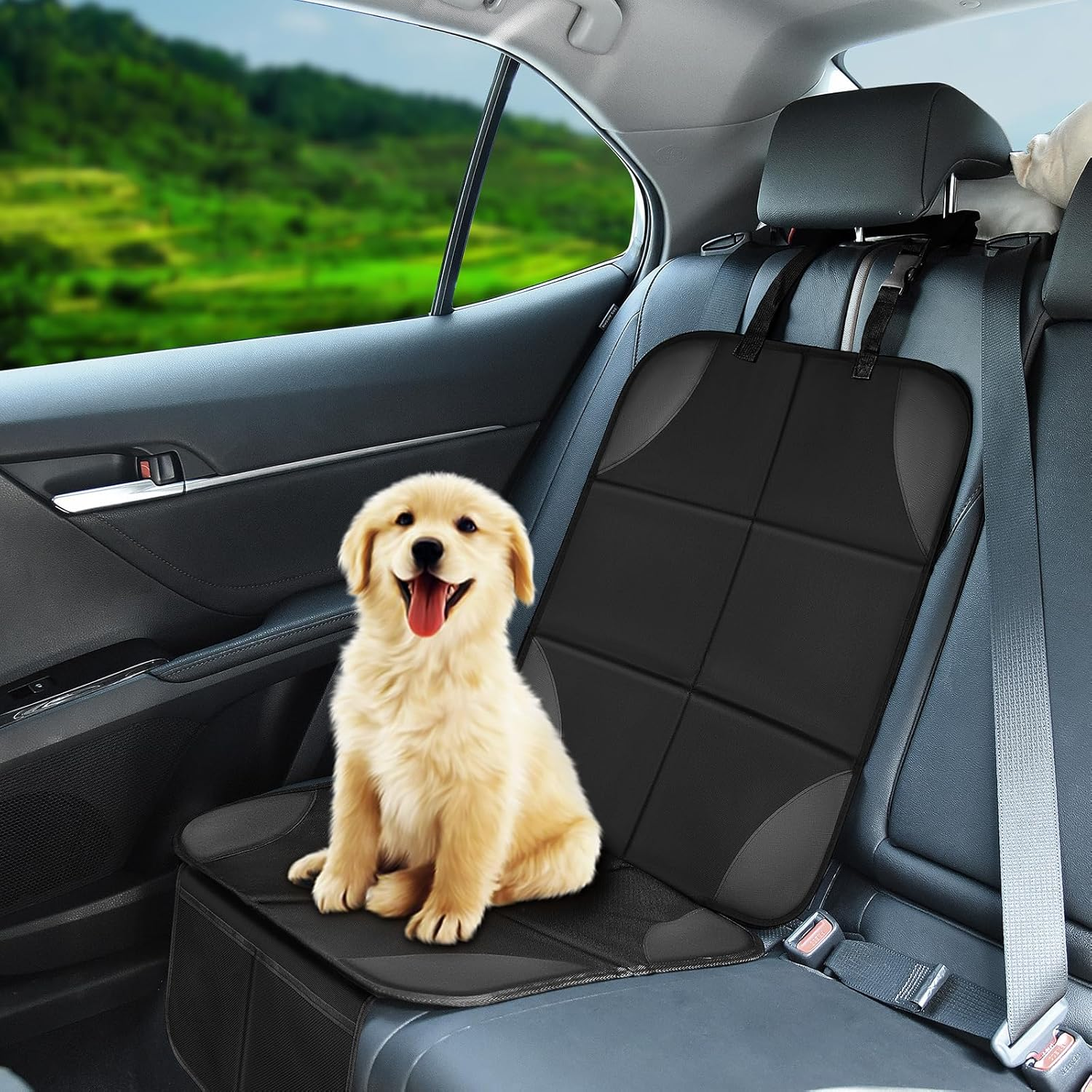 Musclez Car Seat Protectors for Child Car Seat, Baby Car Seat Cover Waterproof 600D Fabric Padding Non-Slip Backing 2 Mesh Pockets, Carseat Protector for Travel Vehicles Baby Pets (Black-1Pcs)