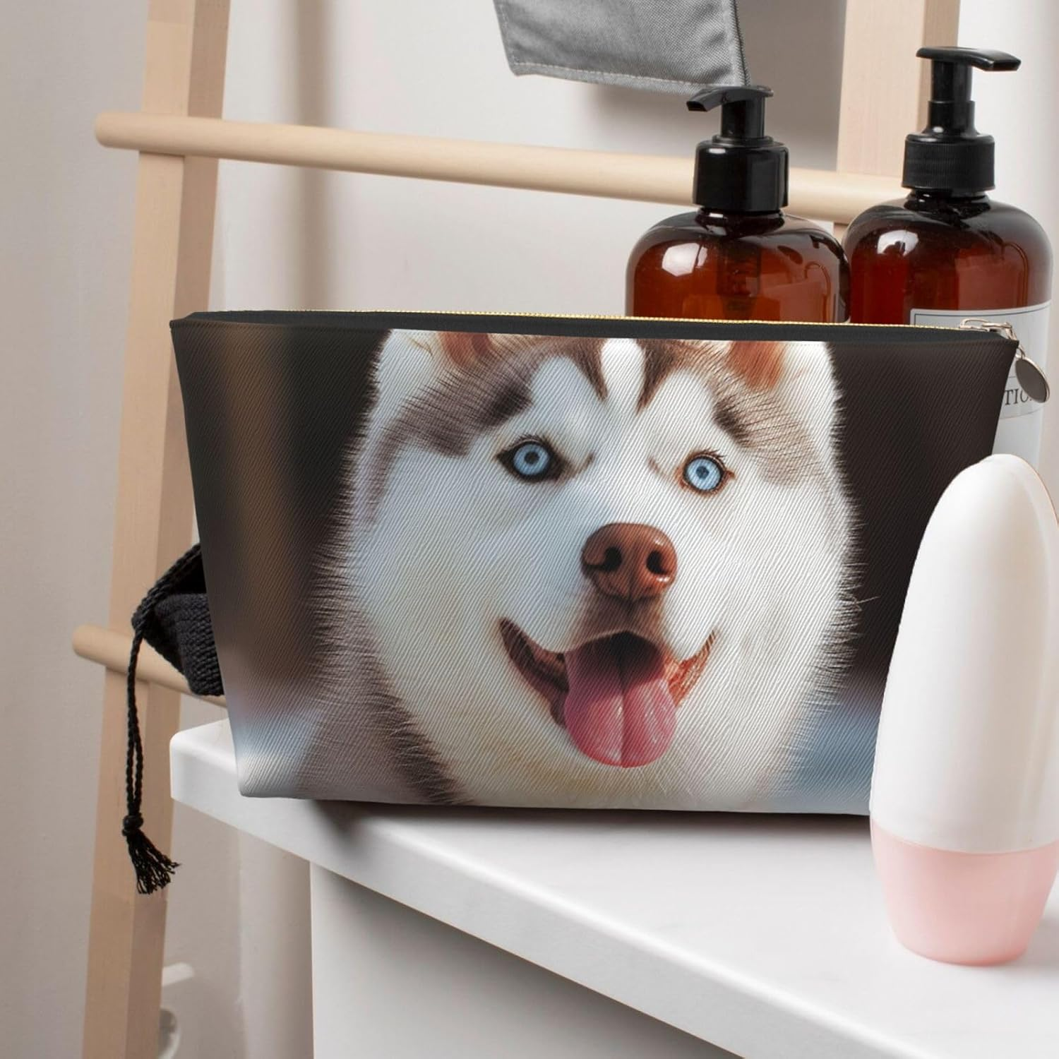 SDTYKHJ Large Capacity Makeup Bag for Women, Waterproof Portable Shaving Bag, Small Toiletry Bag, Husky, Spicy Dog Leather, Travel Cosmetic Organizer Bags, Gold, One Size image number 6