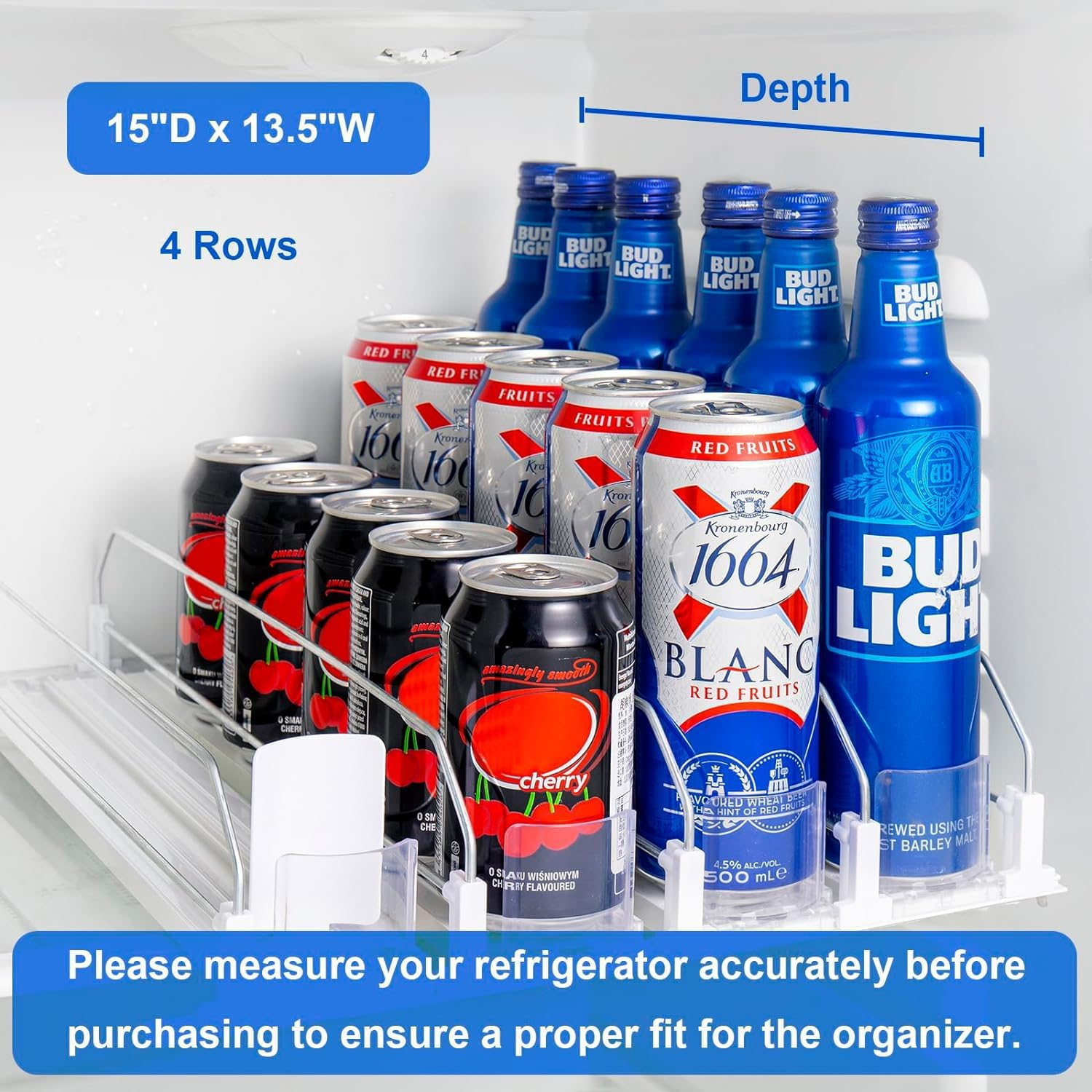 Drink Organizer for Fridge, Self-Pushing Soda Can Dispenser for Refrigerator, Width Adjustable Beverage Pusher Glide - Holds up to 20 Cans (38CM, 4 Rows) image number 2