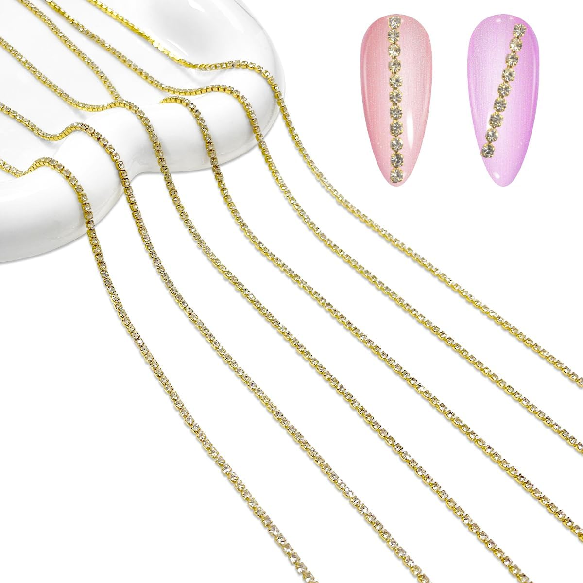 HAIKING Rhinestone Nail Art Chains, 1 Pcs White Diamond Metallic Chains Nail Accessories for Nail Art Decoration, DIY Crafting Design (50Cm/19.68In)