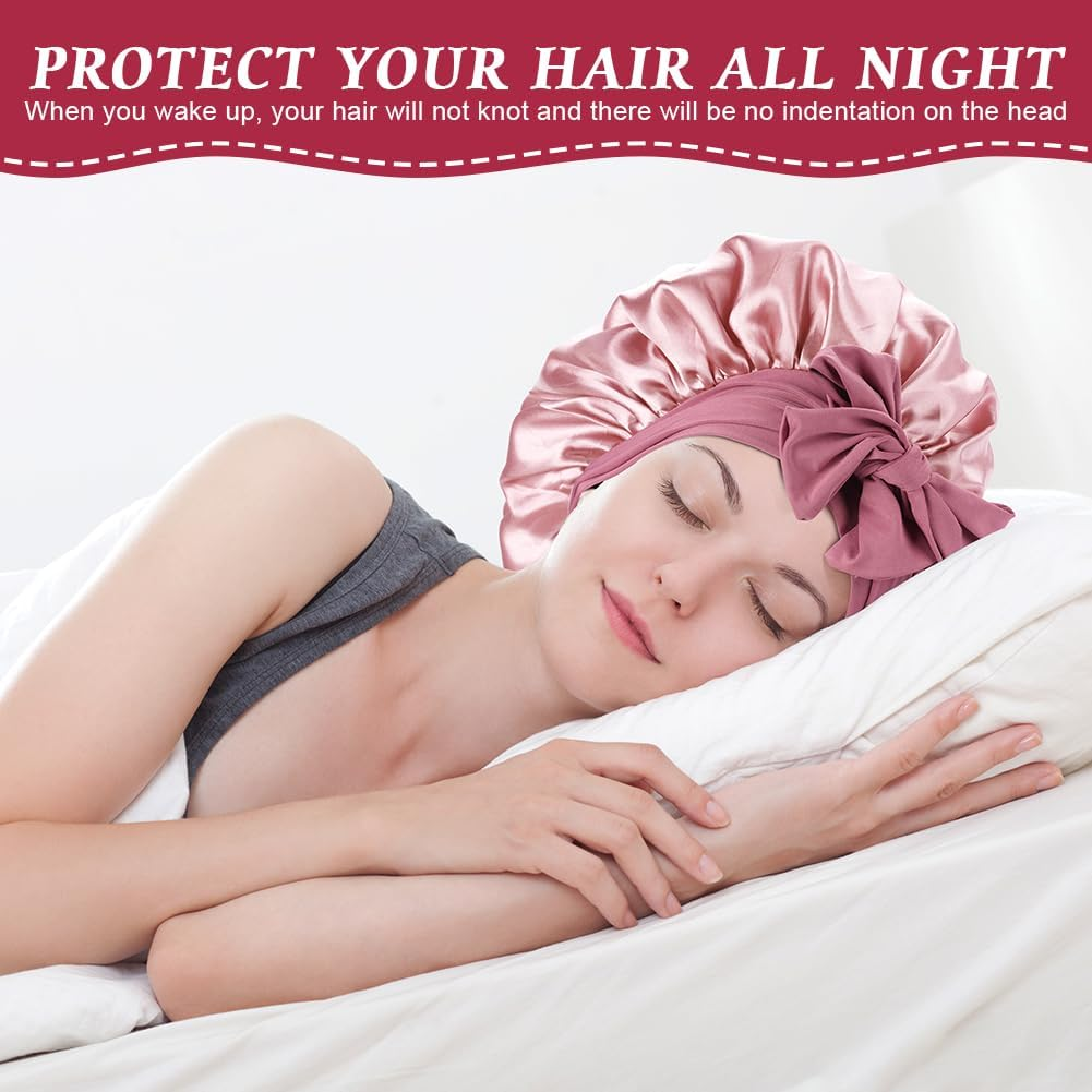 ACWOO Satin Bonnet, Soft Silk Night Hair Cap for Sleeping, Women & Girls, Black, One Size, Adjustable, Contemporary Style, Multi-Function image number 3