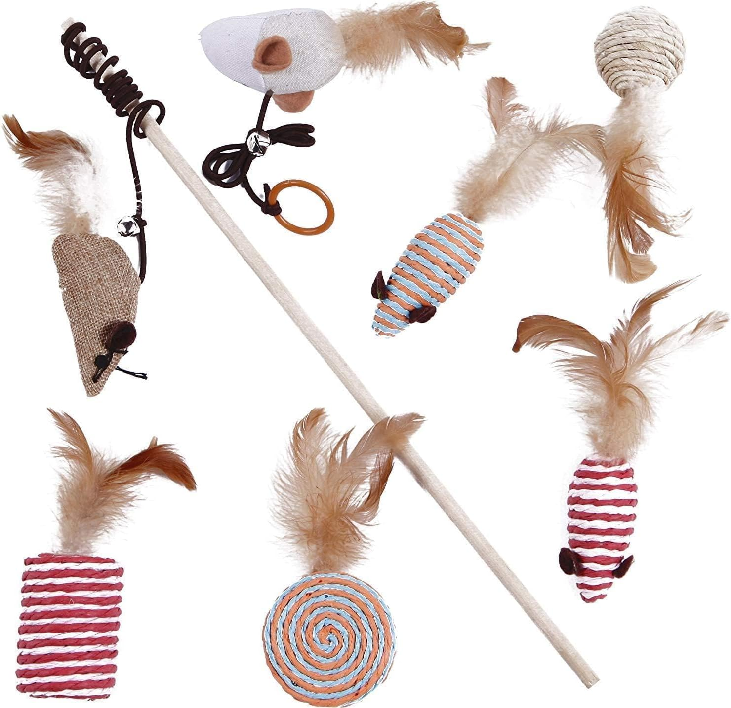 Mumoo Bear Cat Feather Toys Set with 7Packs Feather Ball Mice Interactive Cat Toys, Multicolor, 7Pc Feather Toys image number 6