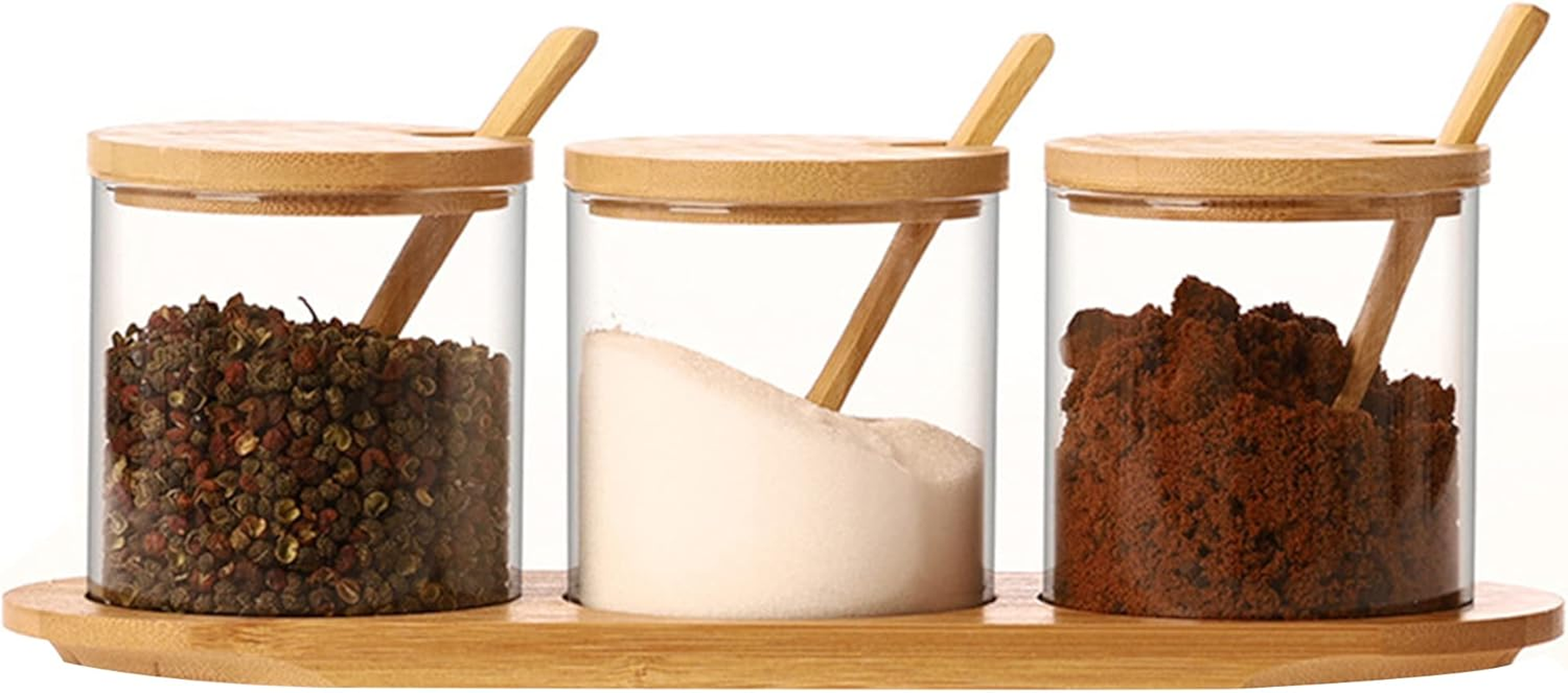 Incifuerza 3 Pack Rustic Condiment Jars with Rack, Glass Seasoning Box with Bamboo Lid, Seasoning Canister Set with Wooden Spoon and Bamboo Base image number 1