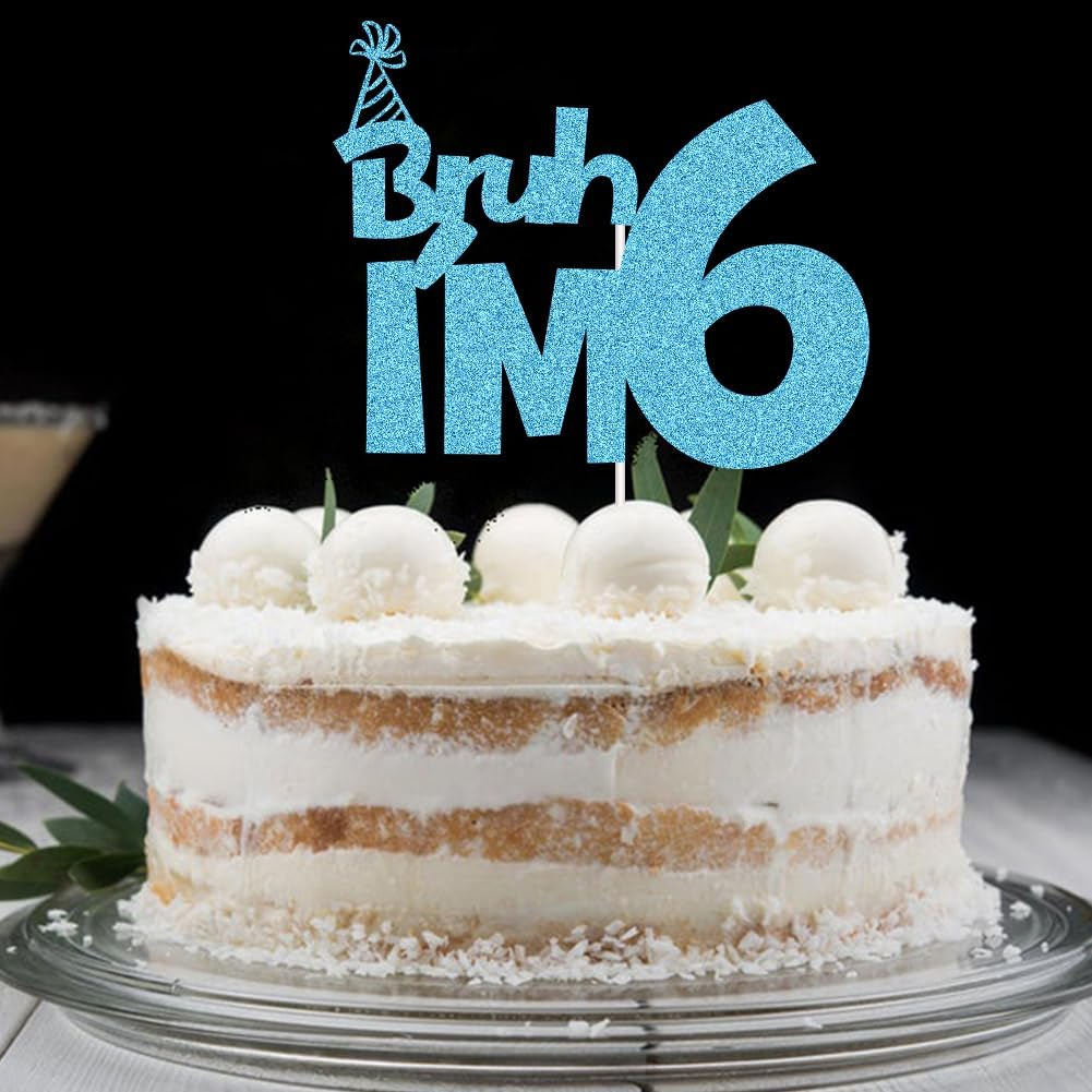 XIUHUBA Bruh I'M 6 Cake Topper, Happy 6Th Birthday Cake Decor, Kids Boys 6Th Birthday Party Decorations, Funny Six Years Old Birthday Party Supplies Blue Glitter image number 1