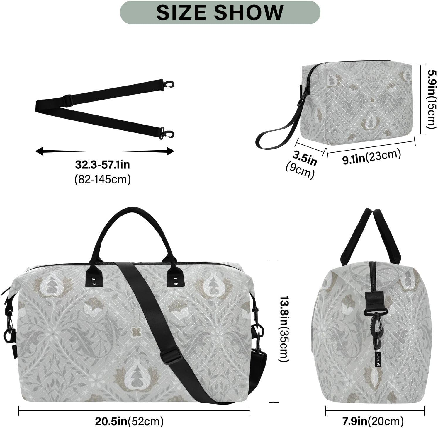 Grey Vintage Flower Texture Travel Tote Bag Travel Weekender Gear Bag Gym Tote Bag with Adjustable Strap for Yoga Multifunctional, Grey Vintage Flower Texture, 1 Size