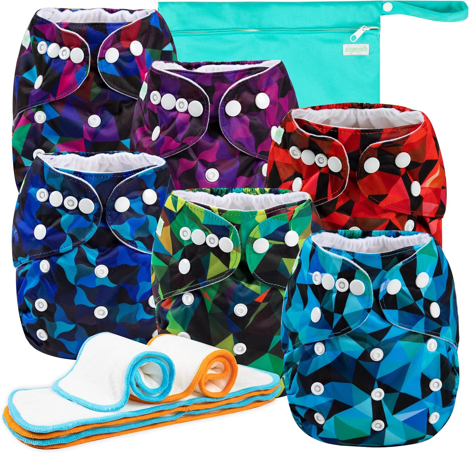 Wegreeco Washable Reusable Baby Cloth Pocket Diapers 6 Pack + 6 Inserts + 1 Wet Bag