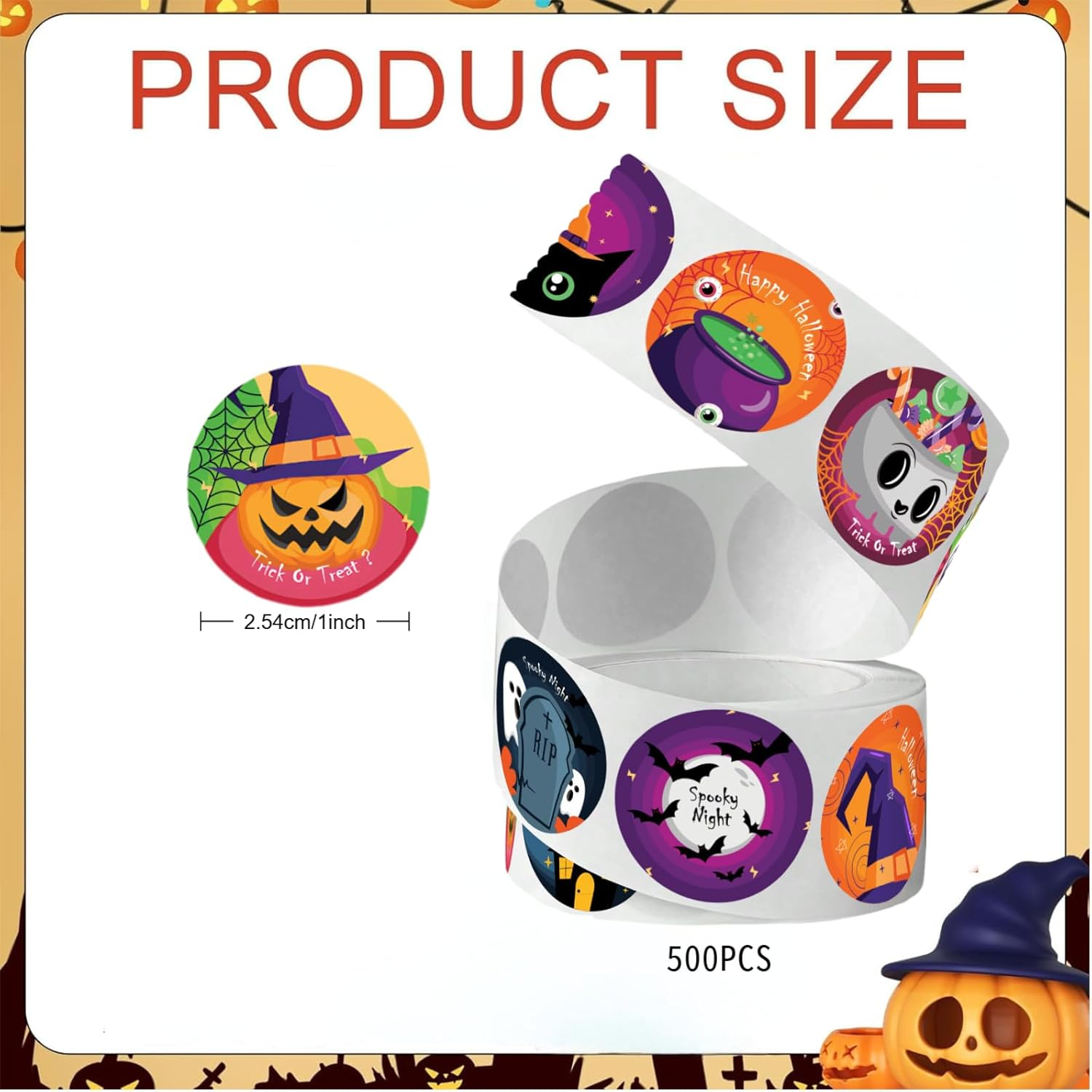 Halloween Sticker for Kids, 500 Pcshalloween Pumpkin Bat Spider Stickers Roll,10 Vibrant Colors and Designs, round Seal Label Stickers, Envelope Seals Paster for Halloween Party Decorations image number 5