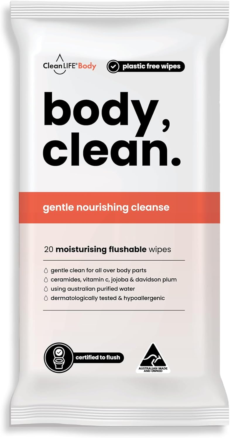Cleanlife Flushable Body Wipes &ndash; No Rinse Shower Wipes for Adults, Plant-Based Fibre, Fragrance Free, Ceramides & Vitamin C, Skin Nourishing Towelettes, 20 Wipes, 12 Packs image number 4