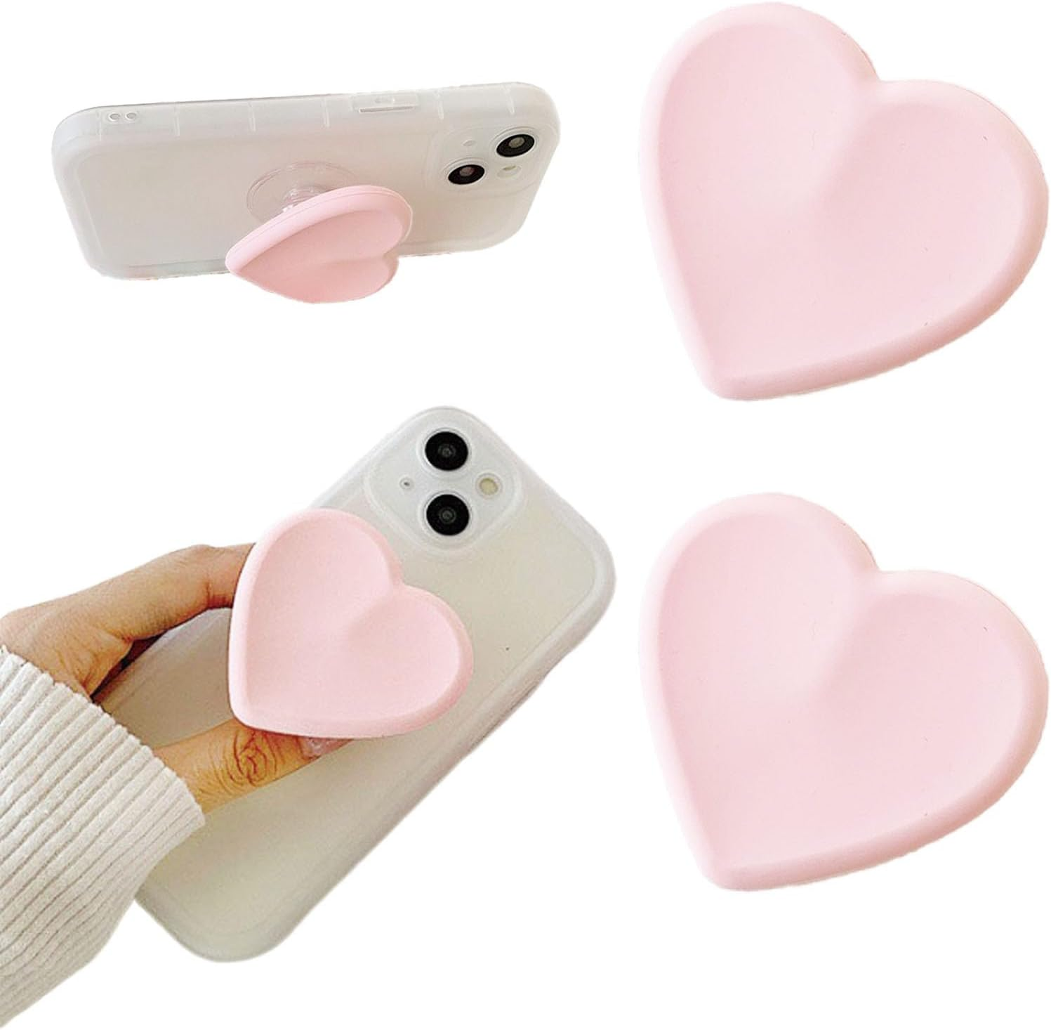 2PCS Heart-Shaped Silicone Mobile Phone Grip Stand,Zakora Collapsible Cellphone Finger Grip Holder for Smartphone Tablet Cell Phone Accessory (White)