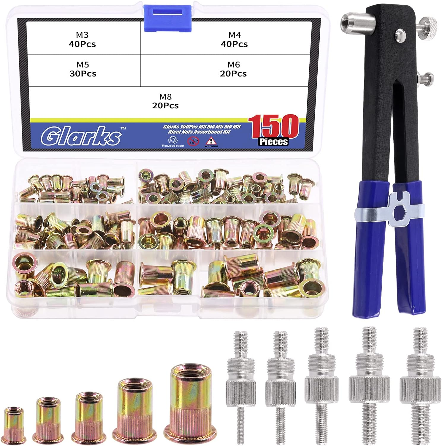 Glarks 156Pcs Rivet Nut Tool with Mandrel and Rivet Nut Kit, Threaded Insert Hand Riveter Nutsert Tool Rivet Gun with 5Pcs Metric Mandrels and 150Pcs Blind Rivet Nuts M3 M4 M5 M6 M8 image number 1