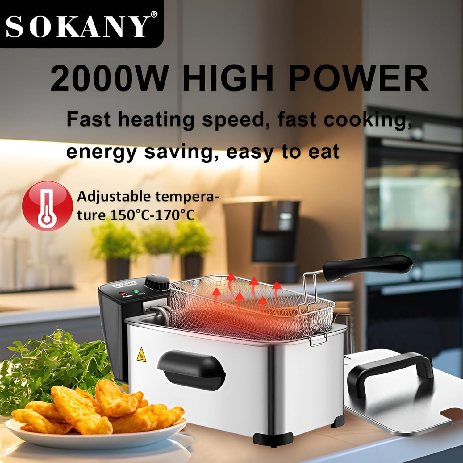Electric Deep Fryer 3.5L Capacity 2000W Stainless Steel Exterior Fryer Adjustable Temperature & Indicator Lights with Removable Basket, Detachable Lid & Handle Easy Clean image number 1