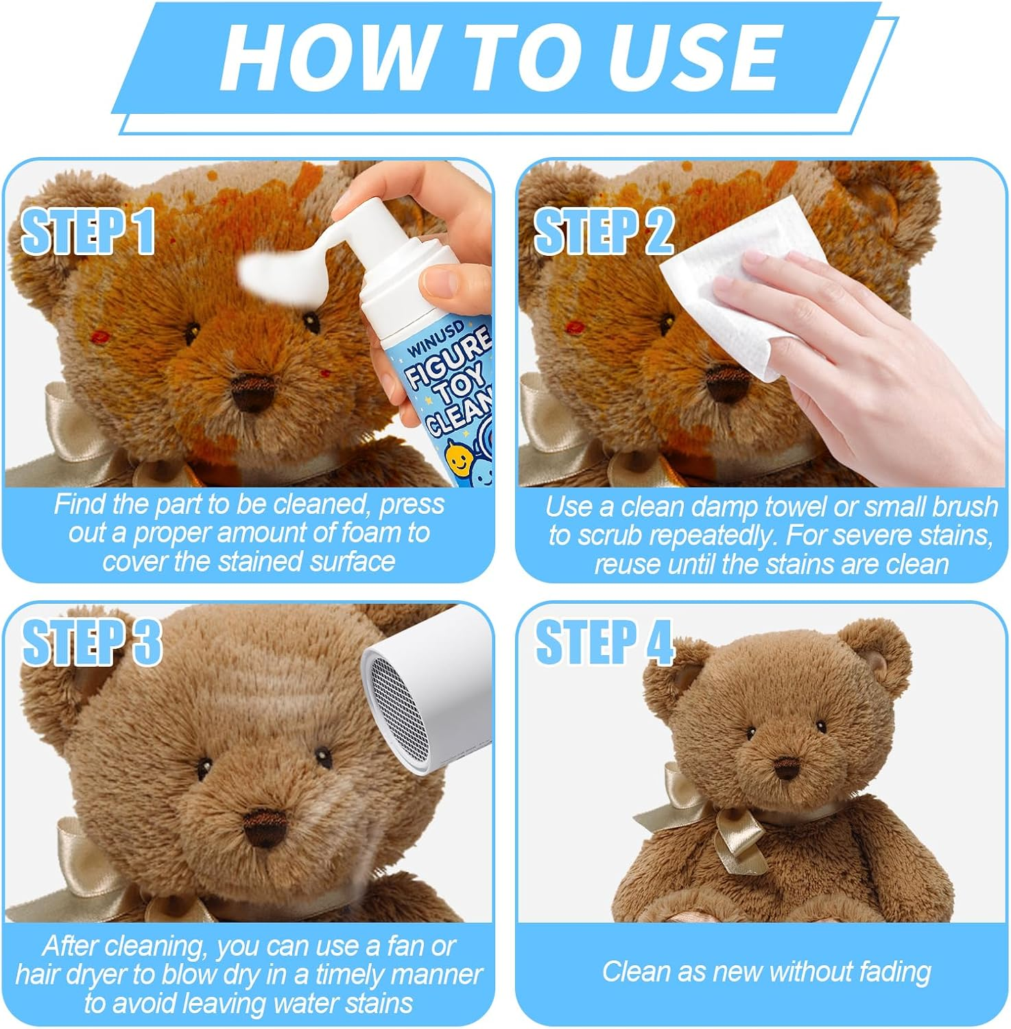 Figure & Plush Toy Cleaner - 5Oz Foam Spray for Stuffed Animals & Soft Dolls with Brush & Cloth | No Rinse, Zero Residue, Color-Safe| Safe for Delicate Fabrics & Pets, for Plush Lovers image number 4