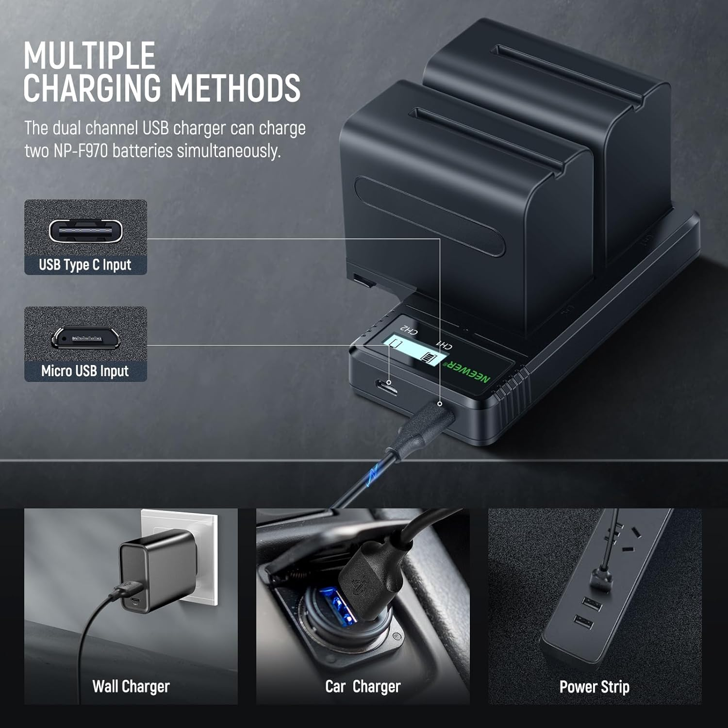 NEEWER 2Pcs NP-F970 7800Mah Replacement Batteries with Charger/Cleaning Cloth, Compatible with Sony NP-F970 F960 F950 F770 F750 F570 F550 FX3 FX30 A7 Canon R5 Nikon Z8 Cameras, for Handycam LED Light image number 6