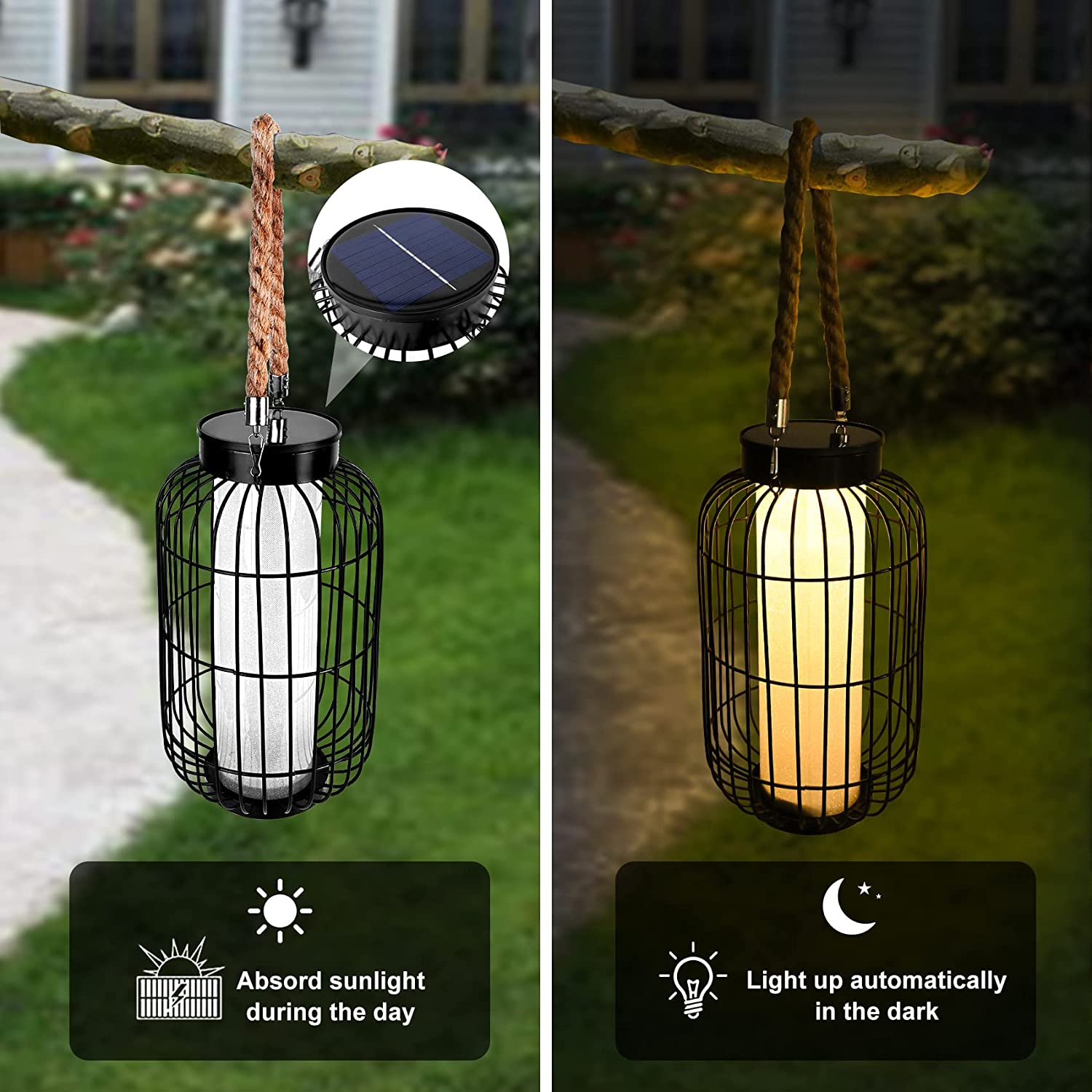 Pearlstar Large Solar Powered Lantern Outdoor-Heavy Duty Metal Hanging Lights Decorative Solar Table Lamp Waterproof for outside Patio Yard Garden Porch Tabletop Decor (Black) image number 2