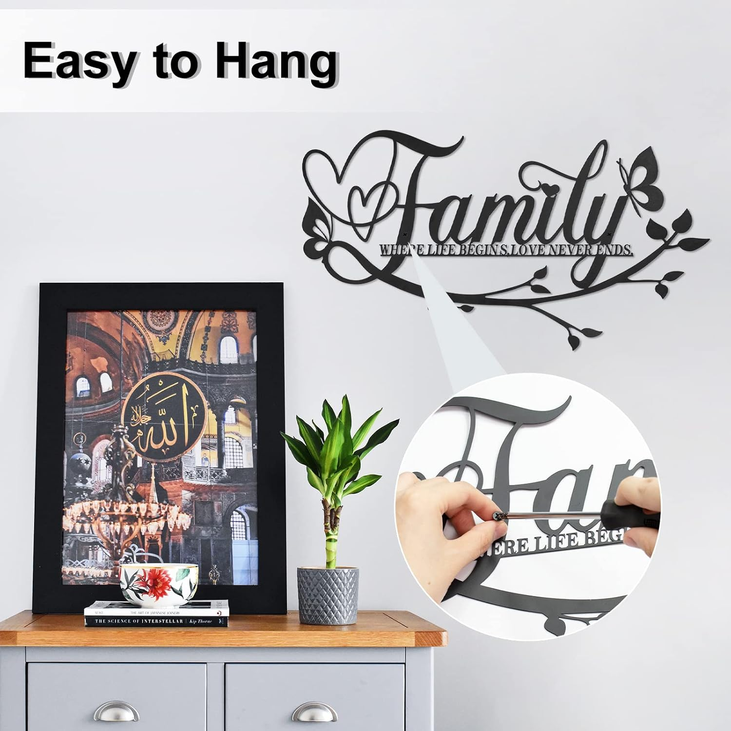 Family Where Life Begins Love Never Ends Word Sign Metal Wall Decor, Black Home Decor Wall Art Decorations, Letters Quotes Sign for Living Room Bedroom Kitchen Indoor Outdoor Decor(Black) image number 3