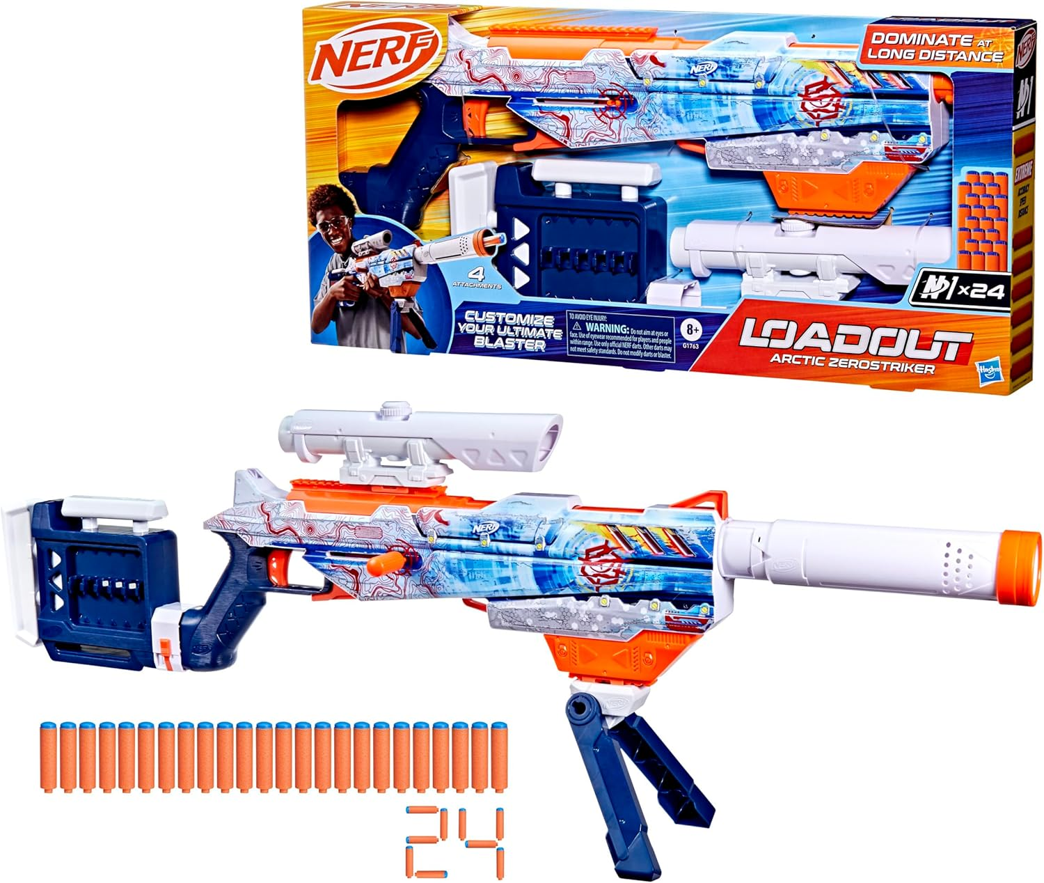 Nerf Loadout Arctic Zerostriker Blaster, 4 Interchangeable Attachment Accessories, 24 Nerf N1 Darts, 6 Dart Internal Clip, Kids Toys & Gifts, Ages 8+