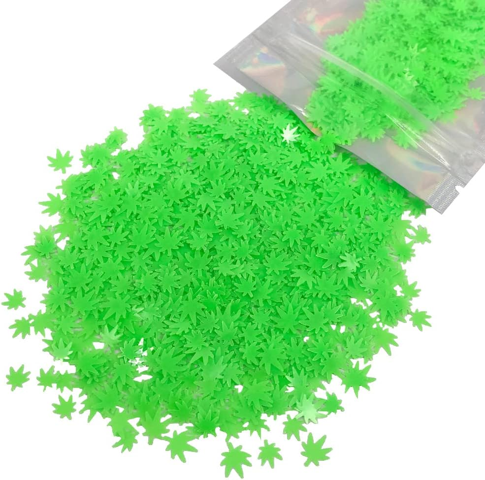 Glow in the Dark Leaf Glitter - Solvent Resistant & Cosmetic Grade - Festival Rave Makeup Face Body Nails Resin Arts & Crafts, Tumblers, Bath Bombs, Resin - Weed Pot Marijuana Leaf
