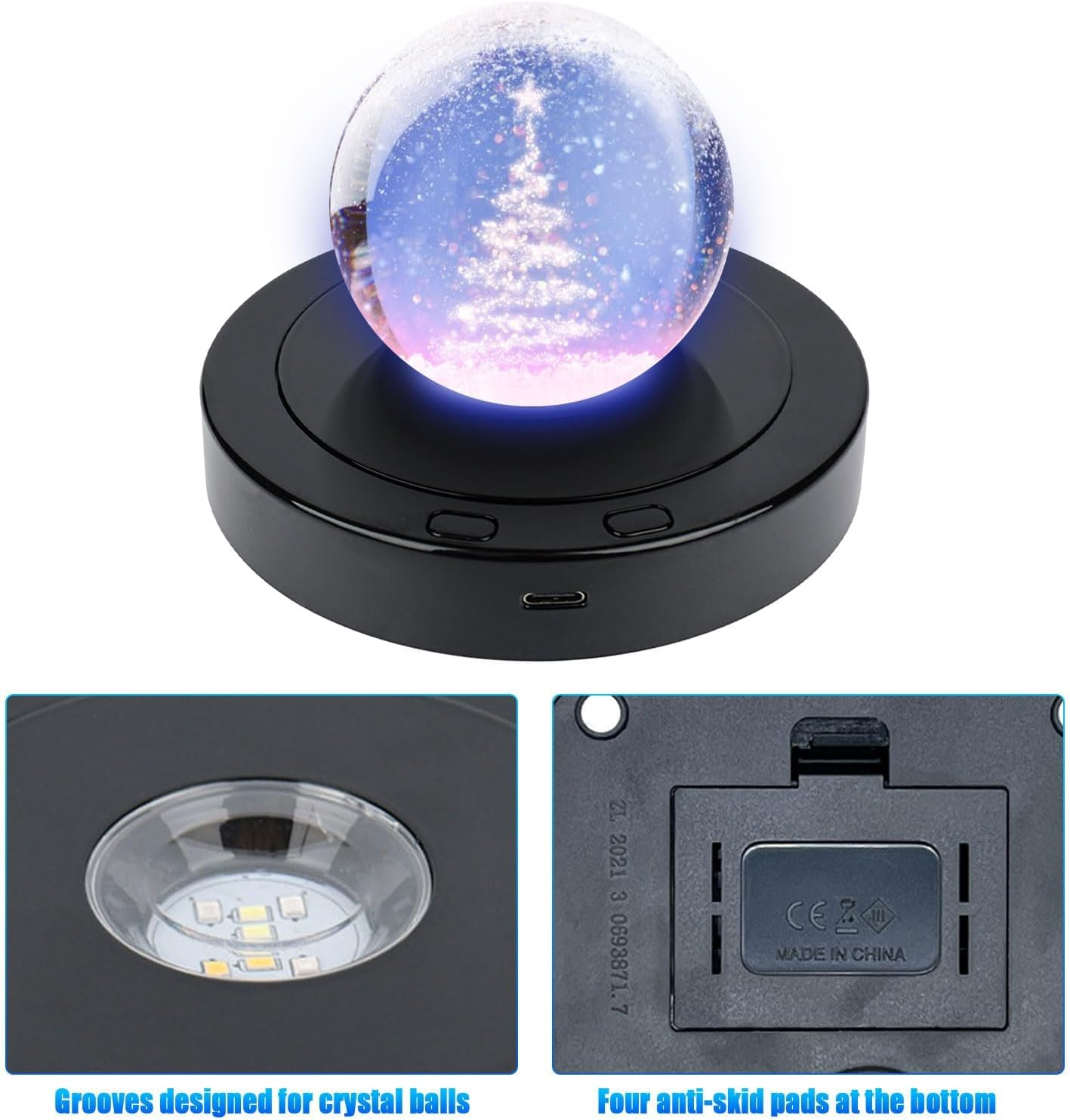 Dcvbny Rotatable round LED Light Base, 4 Revolving & 8 Light Modes, Black Led Display Stand, Multi-Color Rotating Base for Crystal Statues Glass Ball Glass Art