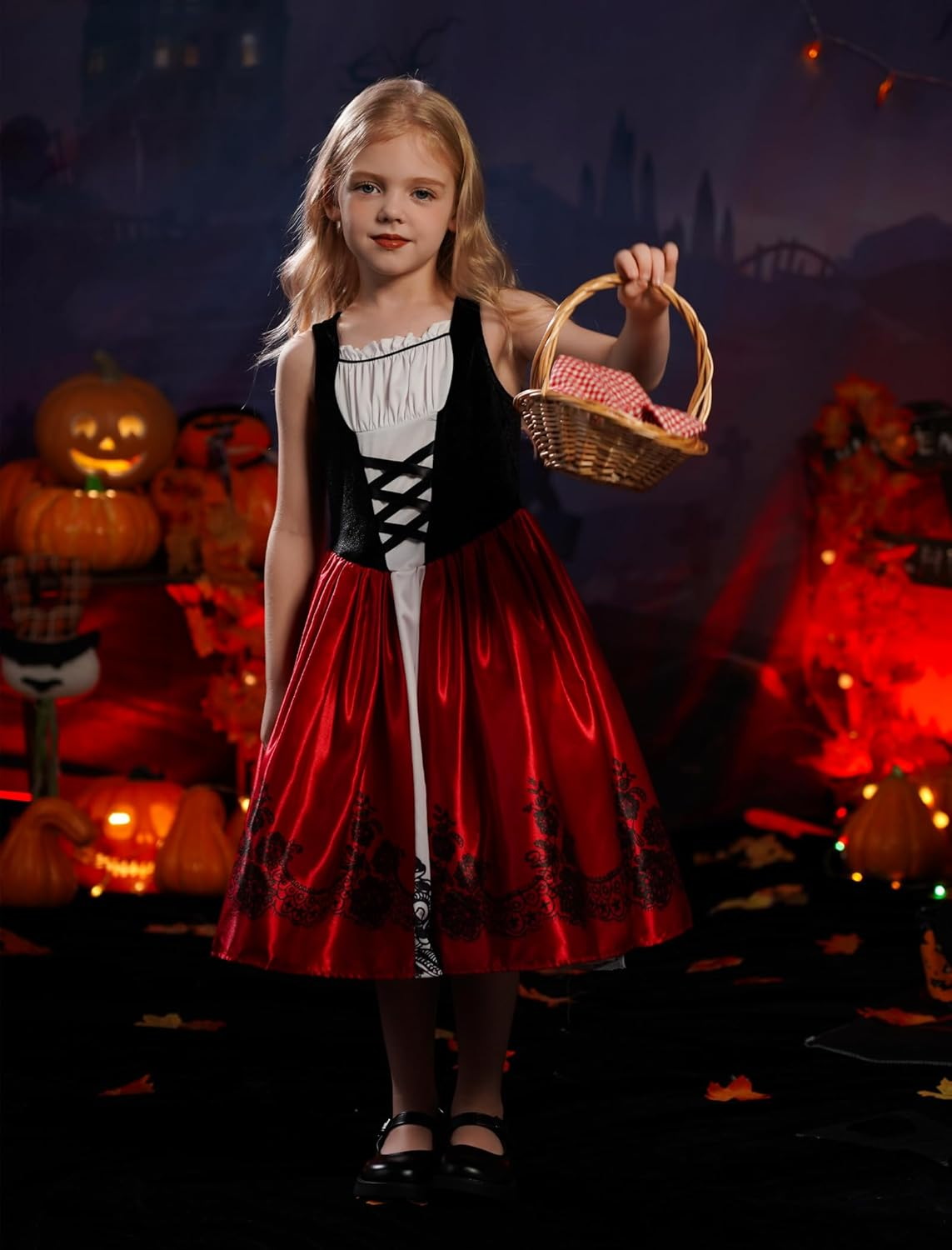 IMEKIS Little Red Riding Hood Costume for Girls Dress Velvet Cape Cloak Halloween Cosplay Kid Storybook Fairy Tale Outfits image number 4