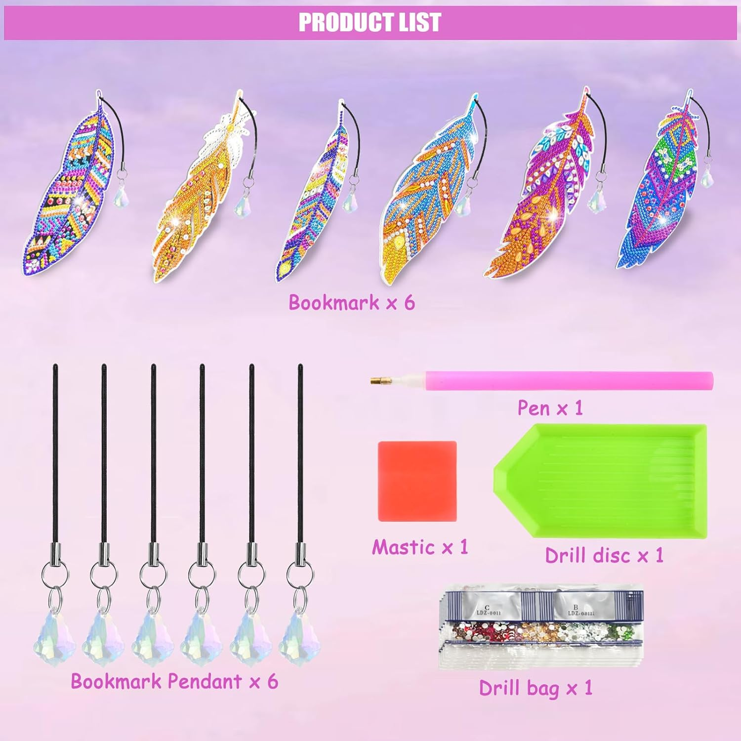 MATHARAGO 6 Pcs Diamond Painting Kits for Kids, Feather Bookmark Diamond Art Kits, DIY Crystal Diamond Art for Kids, Enfants, Girls and Women, Diamond Painting Bookmarks with Crystal Pendant (YQ088) image number 3