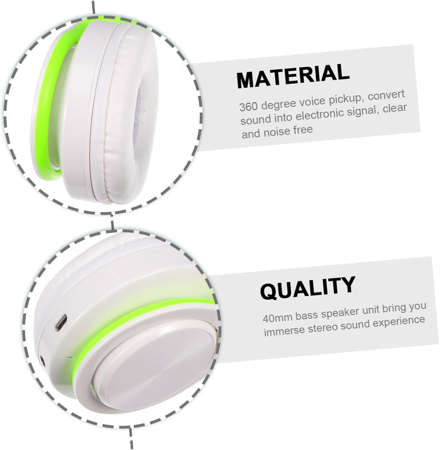 HEALSOPTHY Wireless Headset Over-Ear Foldable Wireless Headphone Noise Canceling Headset with Aux-In for Office and Sports Use Green White image number 6