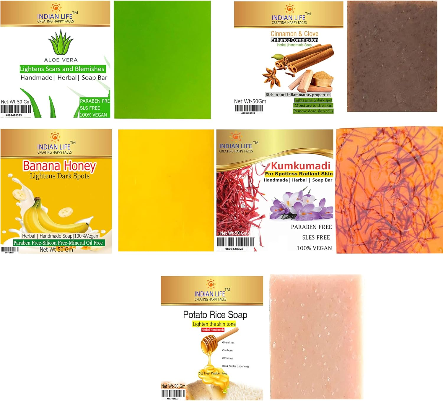 Best Handmade Soap for Bridal Grooming Aloe Vera- Cinnamon-Banana-Kumkumadi- Potato Rice Paraben Free|Sls Free| Mineral Oil Free(Pack of 5) 50 Gm Each image number 6