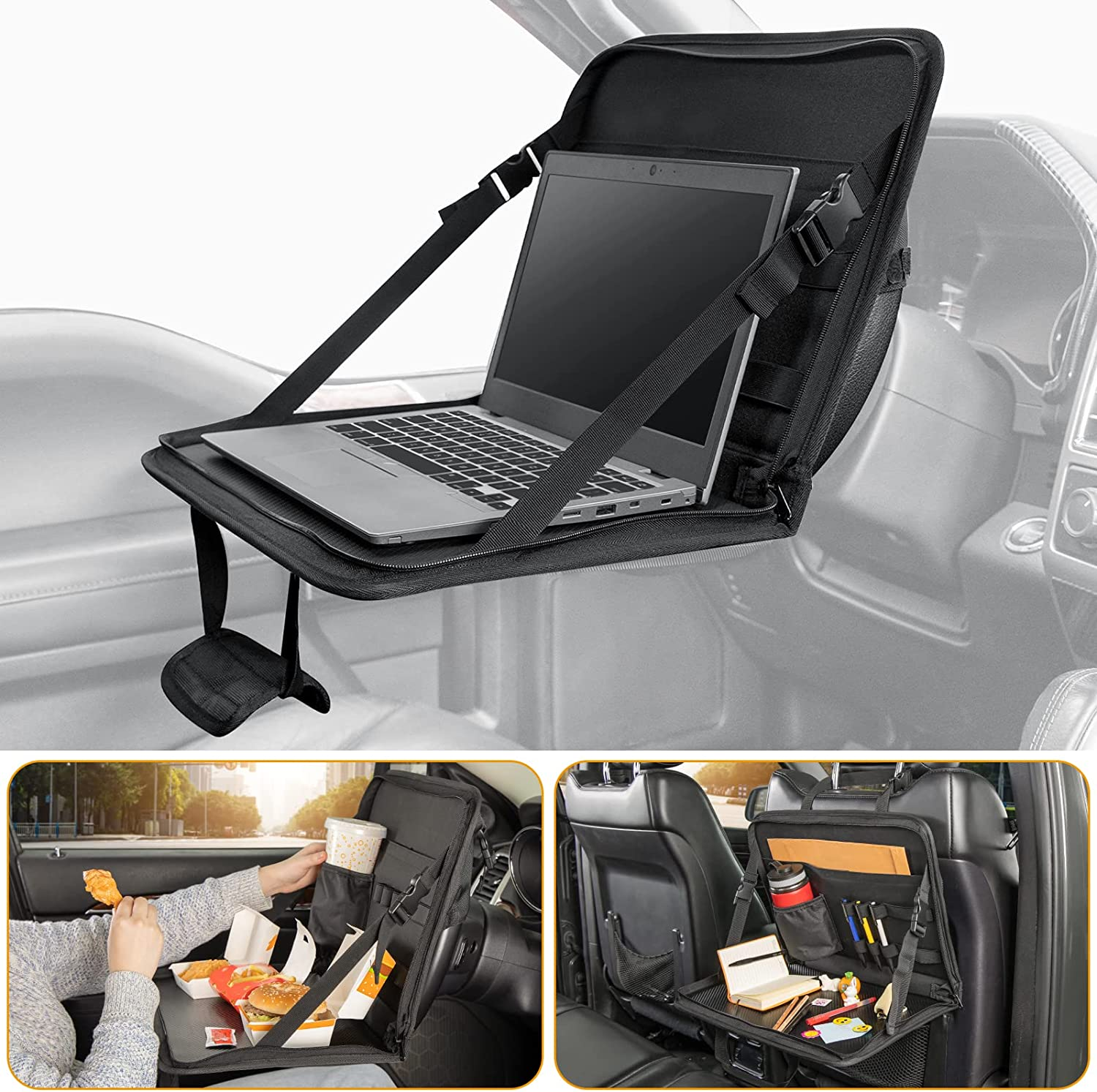JOYTUTUS 3 in 1 Steering Wheel Eating Tray, Car Back Seat Laptop Desk, Multifunctional Office Bag, Car Work Table for Writing, Car Organizer for Kids, Commuters, Family