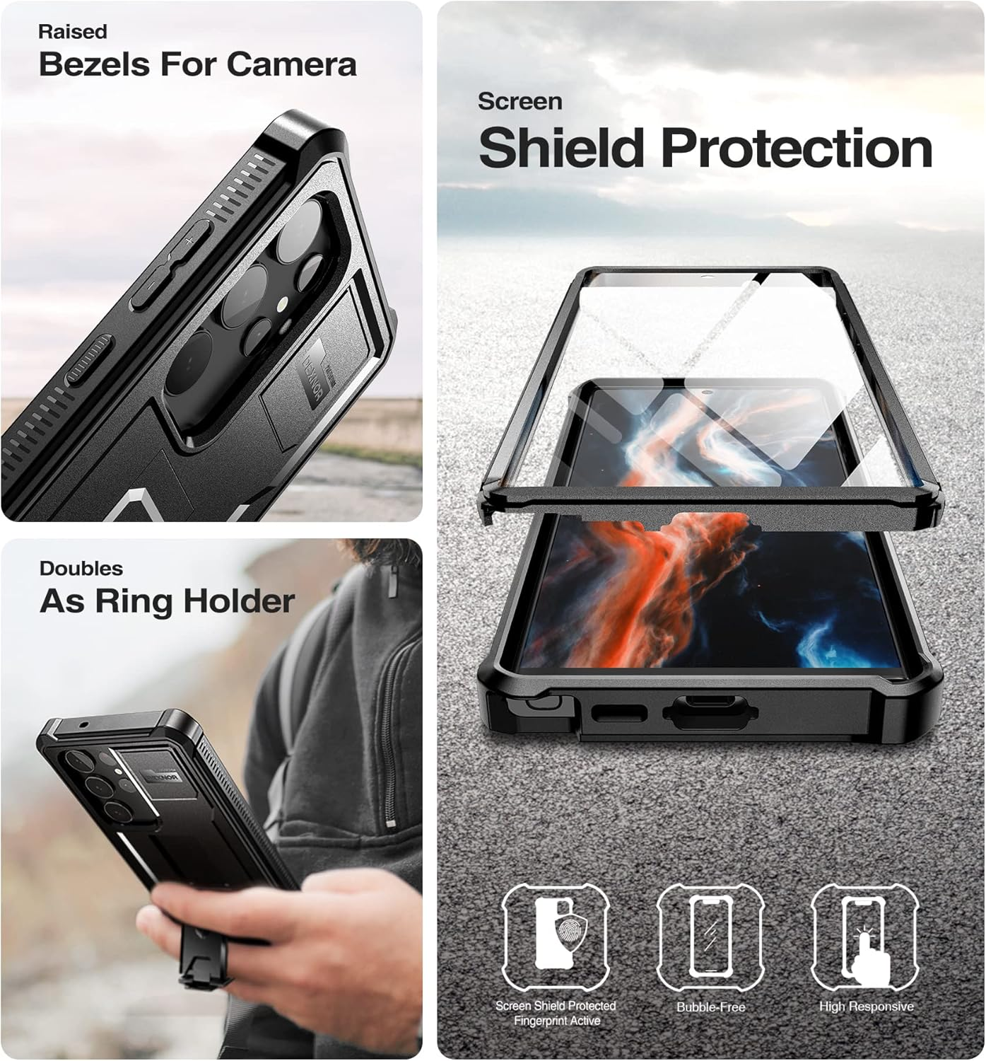 Dexnor Full Body Case for Samsung Galaxy S23 Ultra【Double Front Frame & Kickstand】, Bumpershock Technology Drop Protection Rugged Phone Cover Shockproof Protective Bumper Case - Black image number 7