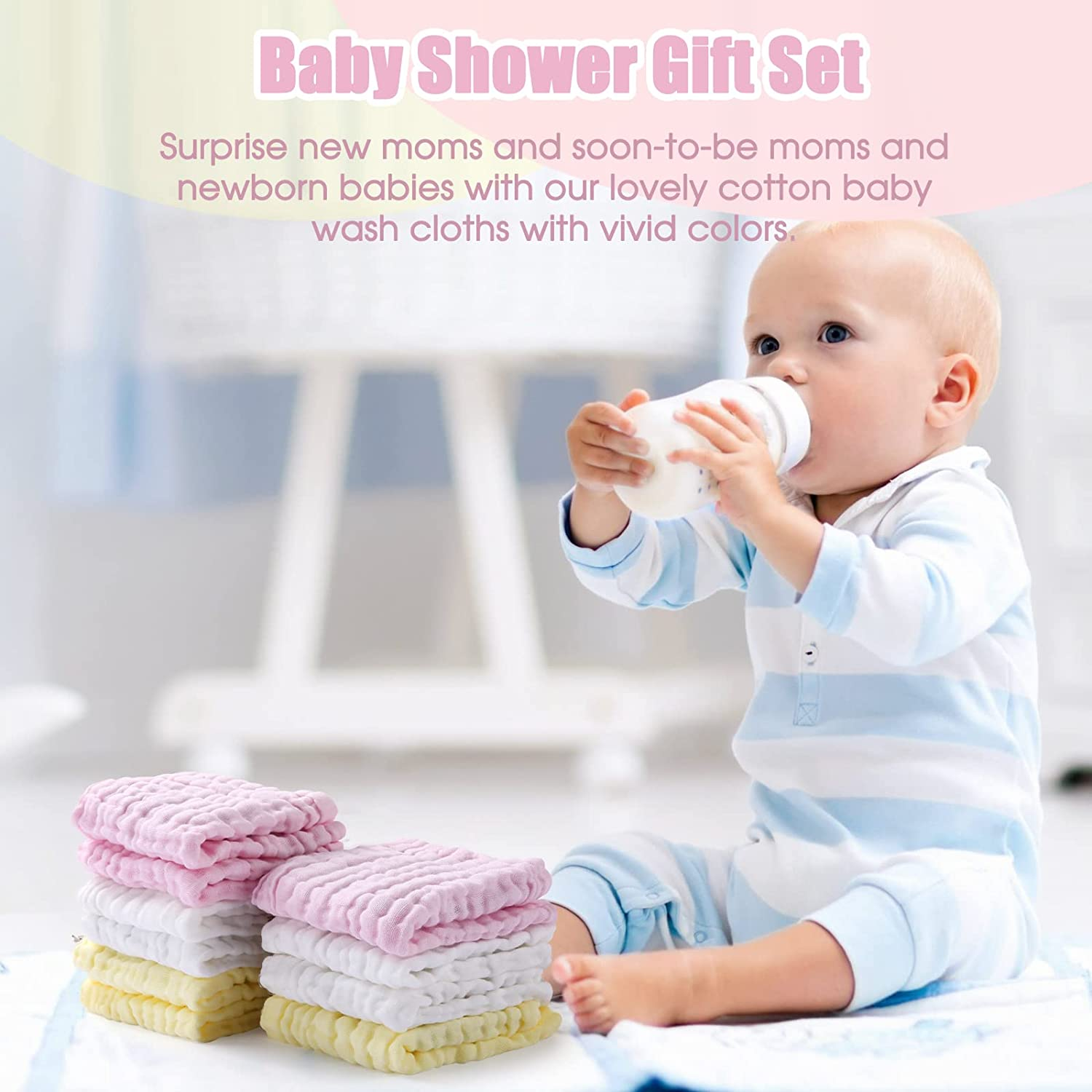 MUKIN Baby Washcloths - Natural Cotton Baby Wipes - Soft Newborn Baby Face Towel for Sensitive Skin- Baby Registry as Shower, 10 Pack 12X12 Inches (Pink,Yellow,White) - Pink,Yellow,White image number 2