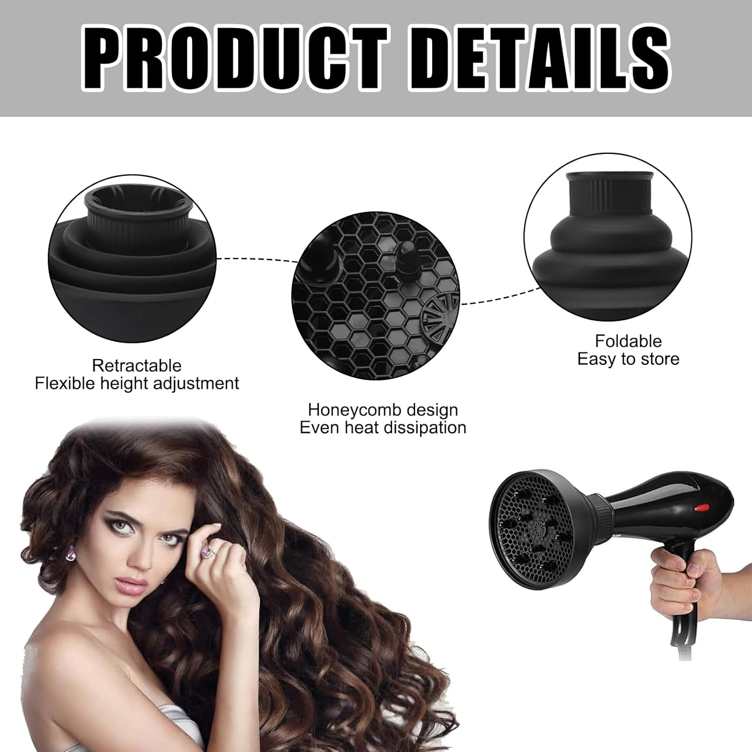 Diffuser Hair Universal, Diffuser Attachment Hair Dryer, Foldable, Portable, for Curly or Wavy Hair Styling (Black) image number 1