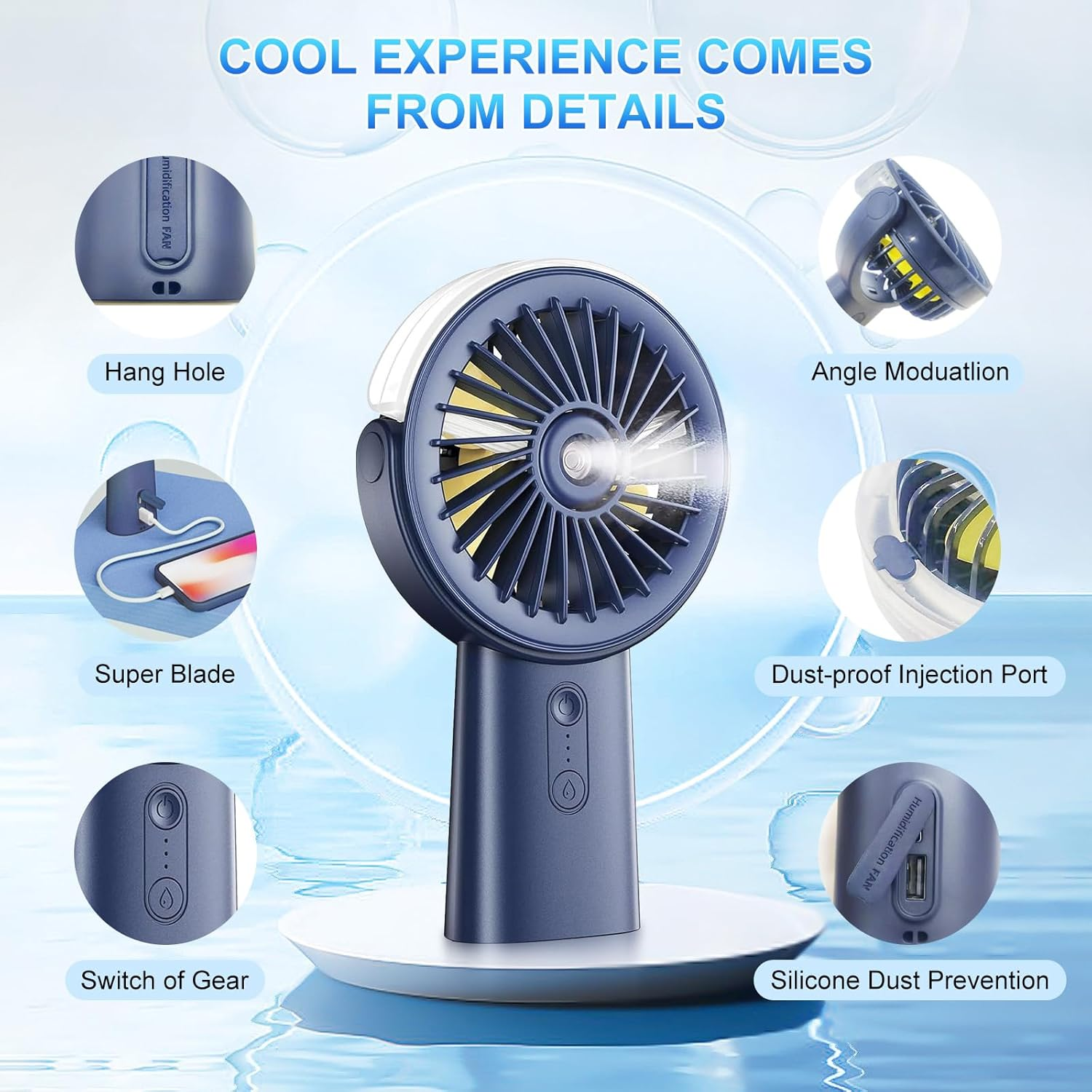 Oolong Portable Handheld Fan,Rechargeable Power Bank Misting Fan,90&deg; Adjustable Small Mister Fan,Personal Cooling Water Spray Fan for Men Women Travel Home Outdoor（Blue） - Blue image number 6