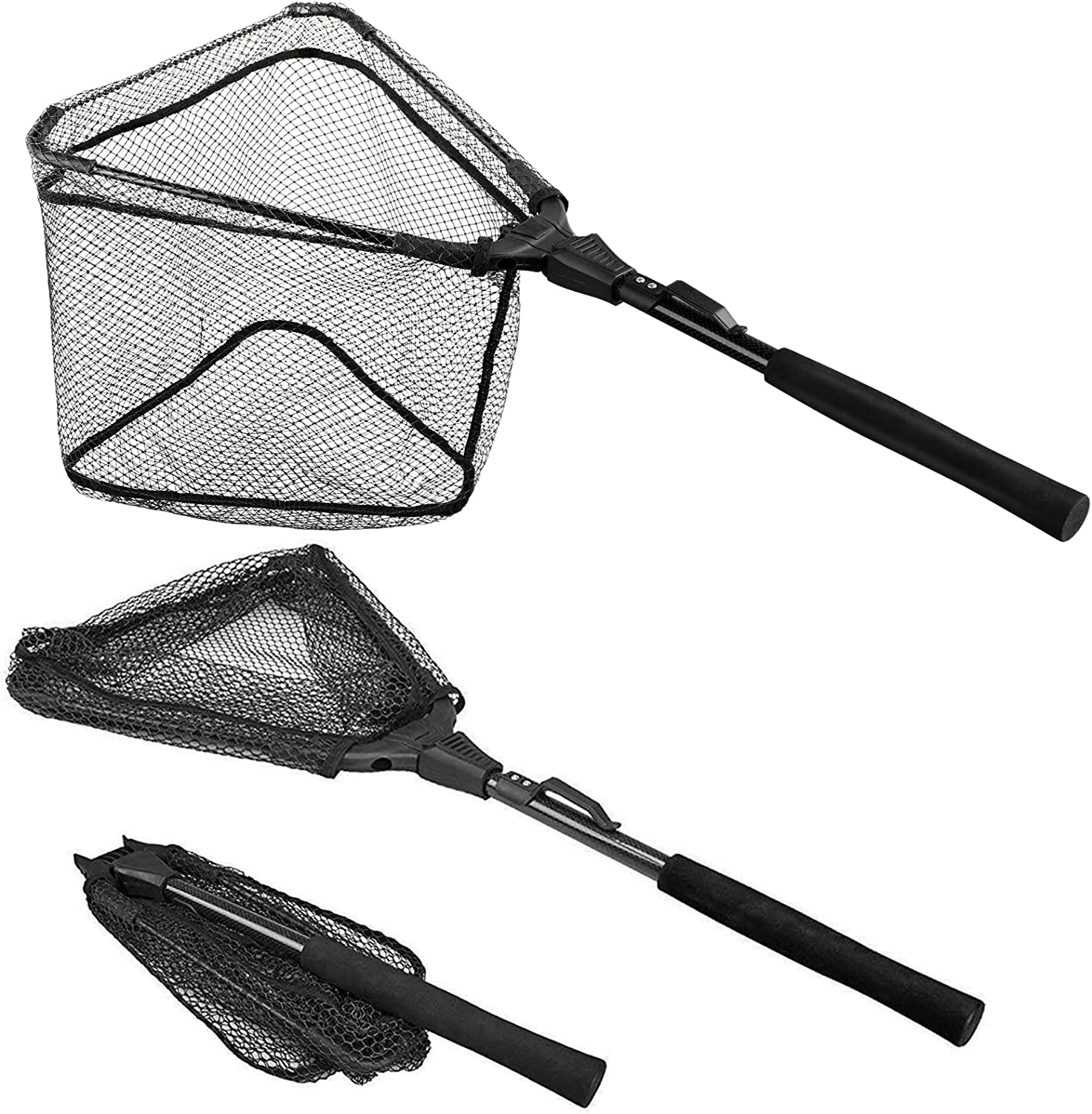 PLUSINNO Fishing Net Fish Landing Net, Foldable Collapsible Telescopic Pole Handle, Durable Nylon Material Mesh, Safe Fish Catching or Releasing