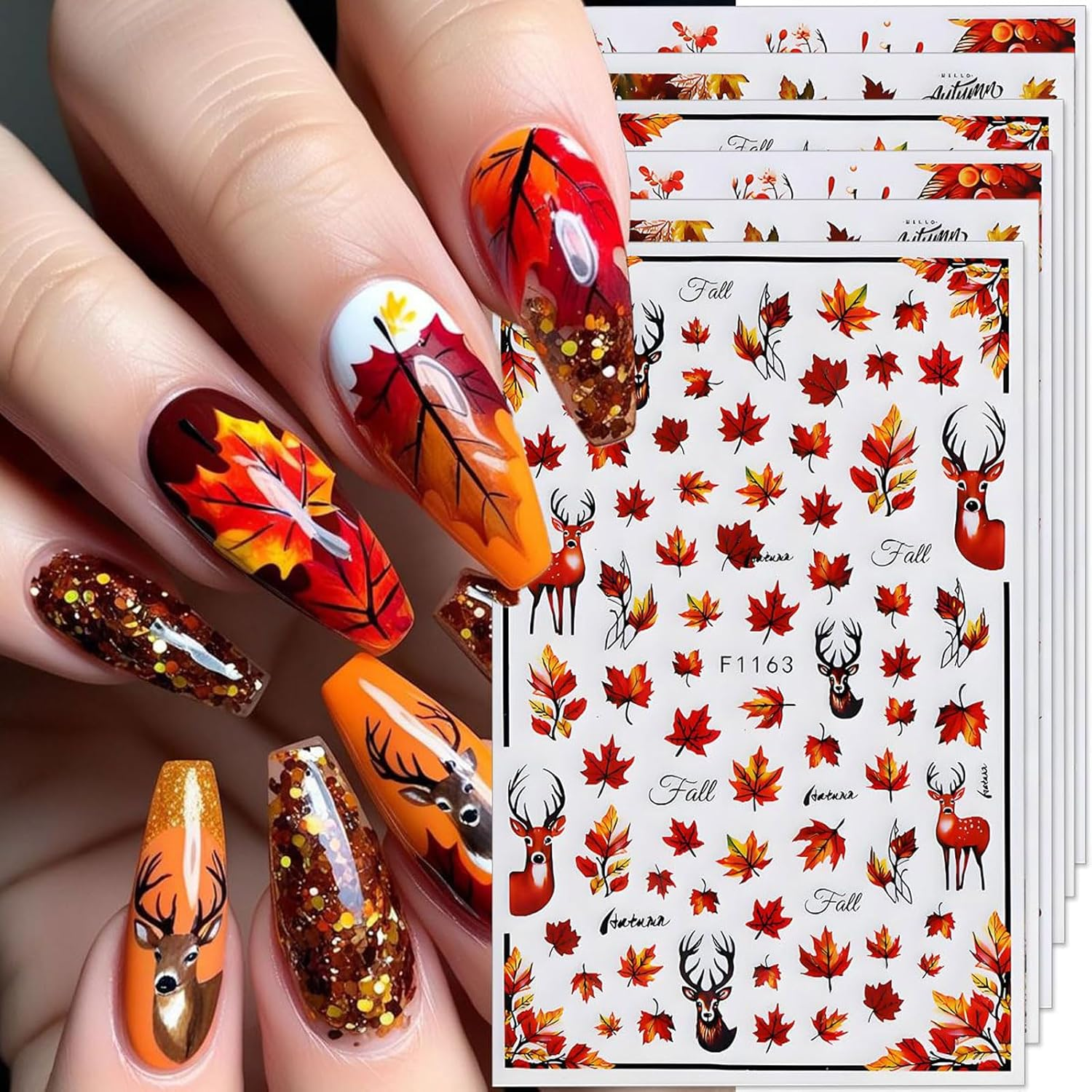 Fall Nail Art Stickers Autumn Maple Leaf Nail Decals 6PCS Autumn Leaves Deer Design 3D Self-Adhesive Nail Art Decorations Supplies Fall Stickers for Nails Women Thanksgiving Day DIY Manicure Decor image number 2