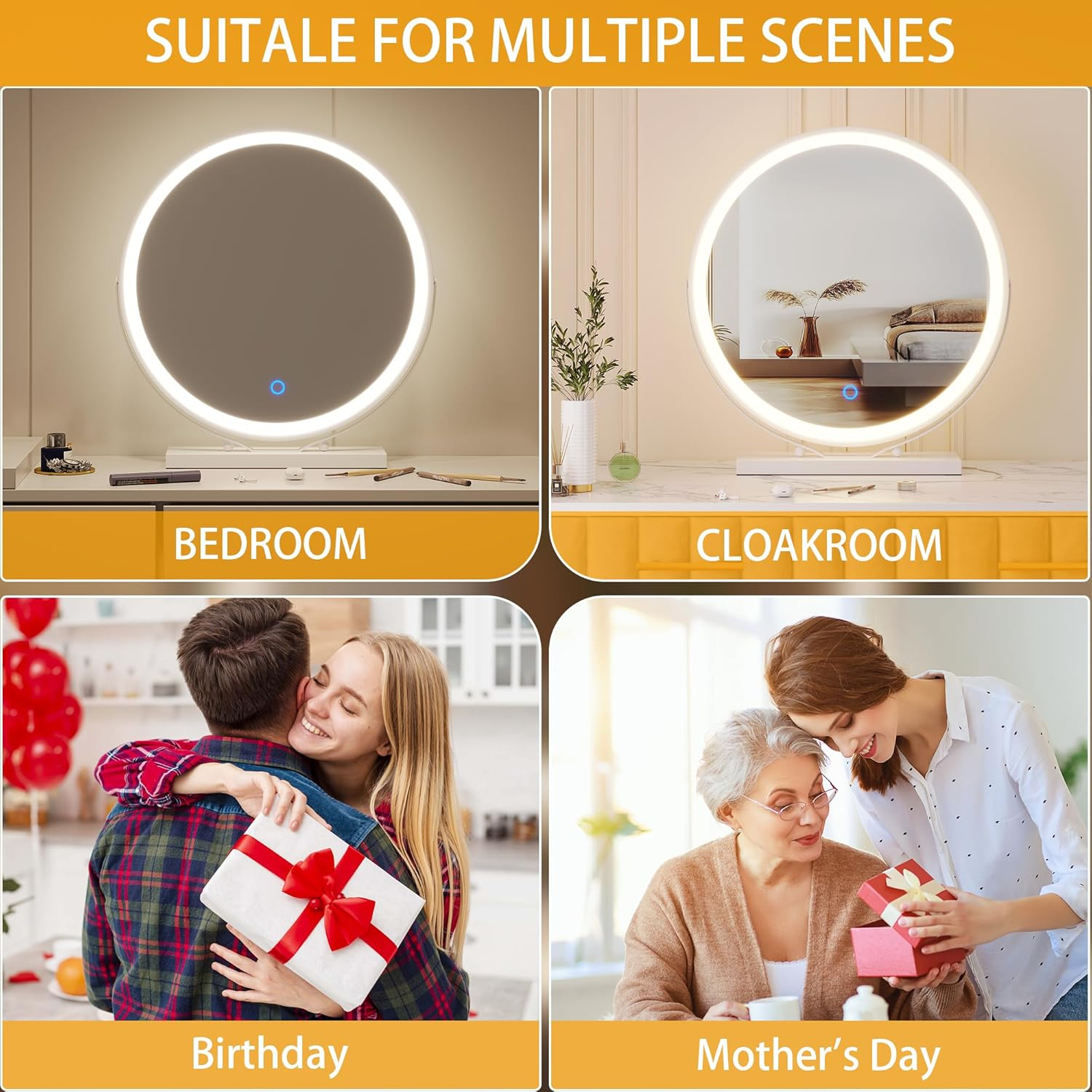 ZKIODV round Vanity Makeup Mirror with Light, 48 X 52 CM LED Lighted Mirror with Dimmable 3 Color Lights, Large Circle Desk Mirror, 360&deg; Light up Mirror for Dresser, Tabletop, Bedroom, White - Round Gold image number 3